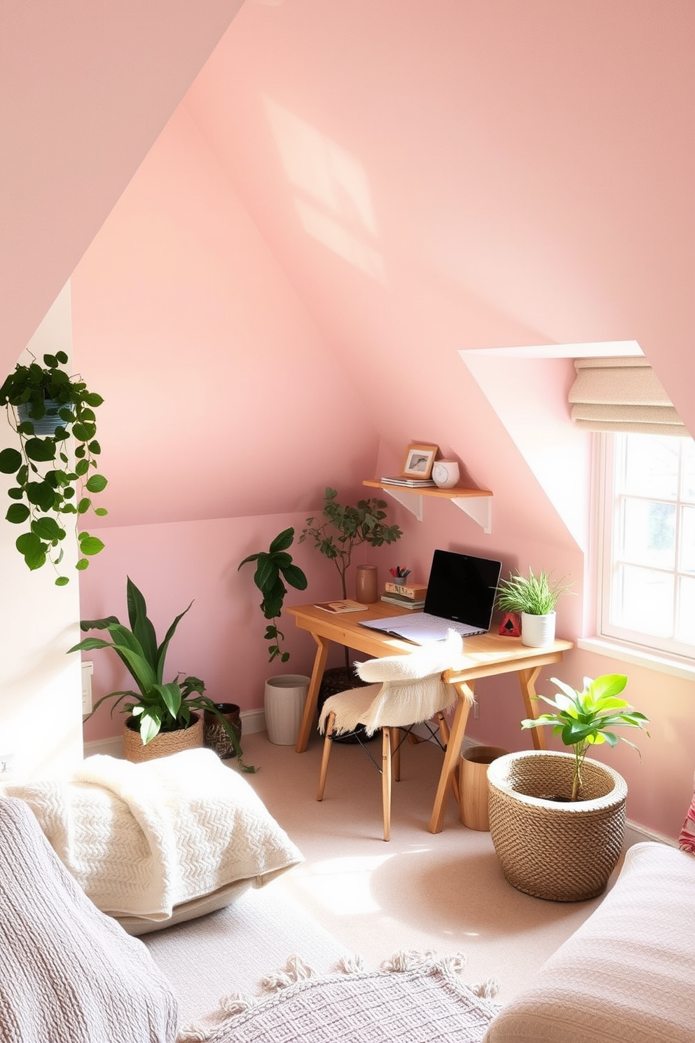 A charming summer attic space designed for creativity. The room features a small wooden desk positioned by a window, allowing natural light to flood in, perfect for summer projects. The walls are adorned with soft pastel colors, creating a serene atmosphere. Cozy textiles and plants are scattered throughout, enhancing the inviting feel of the space.