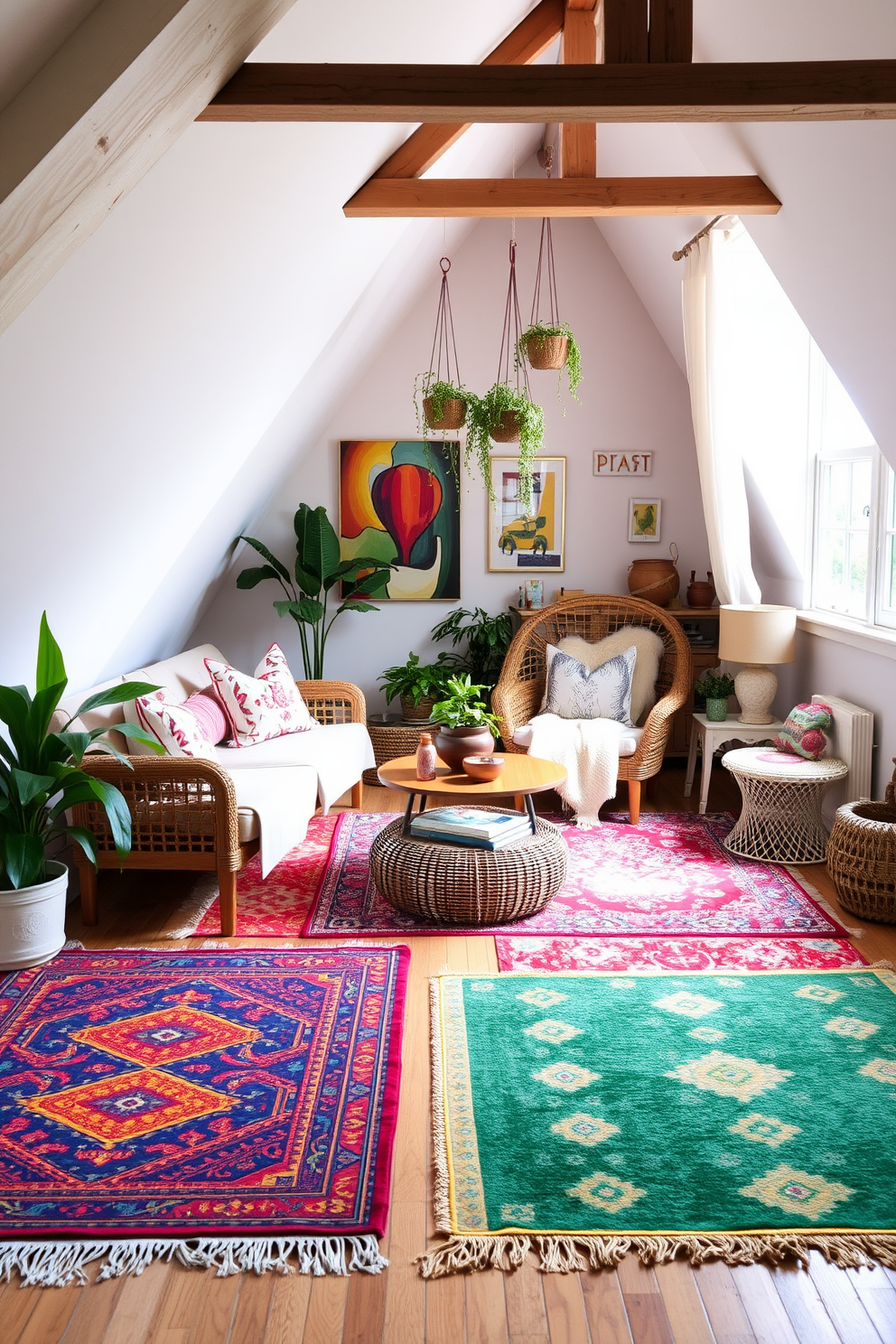 Create a bright and inviting summer attic space. Use vibrant area rugs to define different zones, enhancing the overall warmth and charm of the room. Incorporate cozy seating arrangements with soft cushions and light fabrics. Add whimsical decor elements like hanging plants and colorful artwork to bring the space to life.