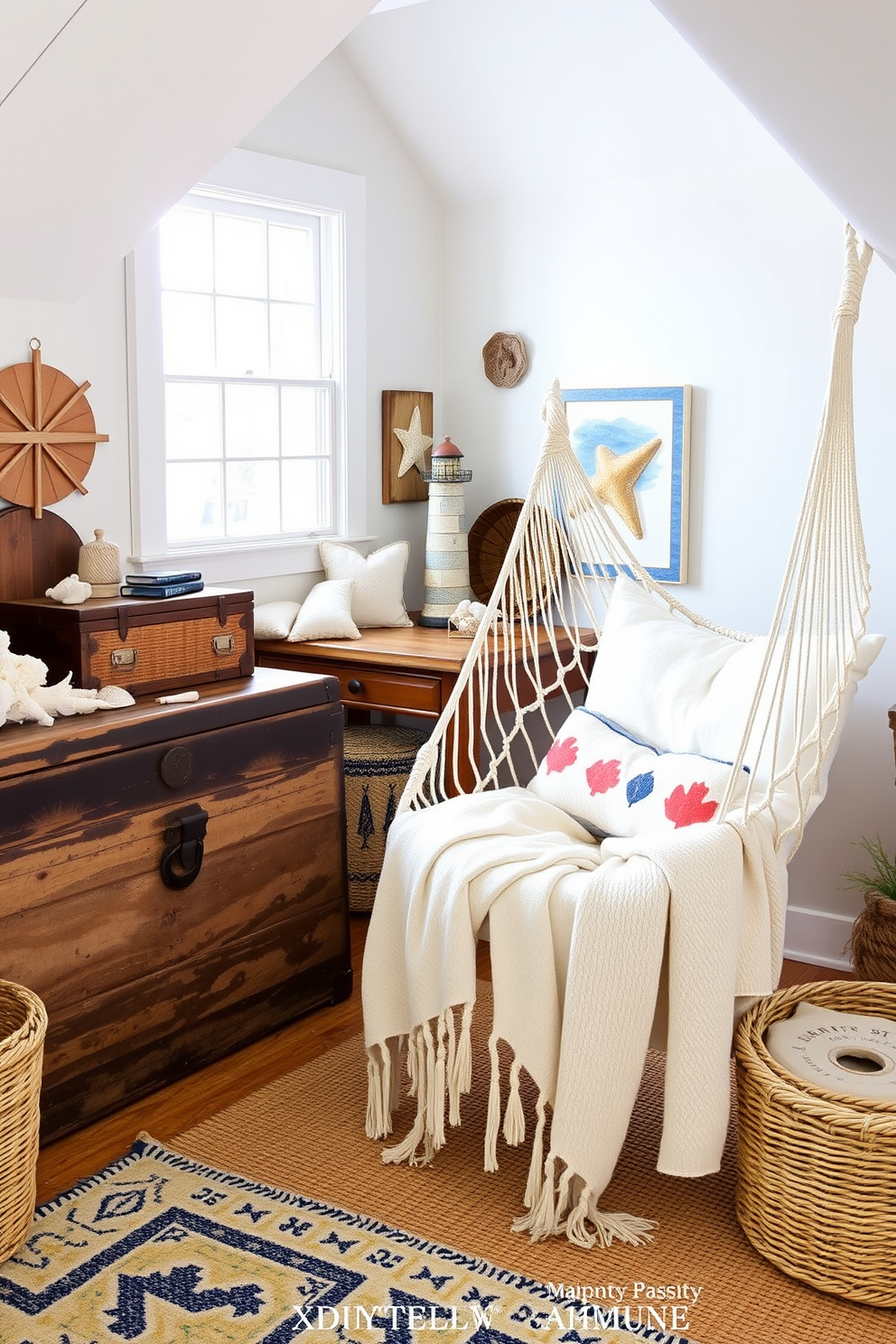 Create a cozy summer attic space that embodies a seaside vibe with nautical decor. Include elements such as a weathered wooden trunk for storage, soft white linens, and accents of navy blue and coral throughout the room. Position a hammock chair in the corner, draped with a light throw blanket, inviting relaxation. Add decorative items like seashells, driftwood art, and a vintage lighthouse model to enhance the coastal atmosphere.