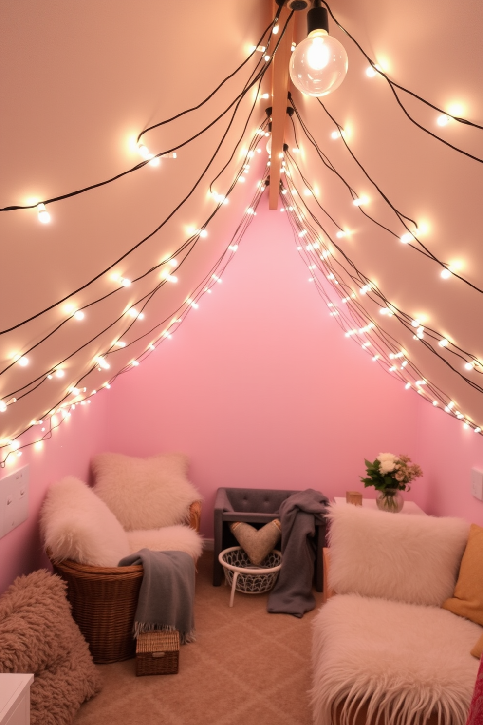 A charming summer attic space adorned with string lights that create a whimsical and inviting atmosphere. The walls are painted in soft pastel colors, and cozy seating areas are arranged with plush cushions and throws.