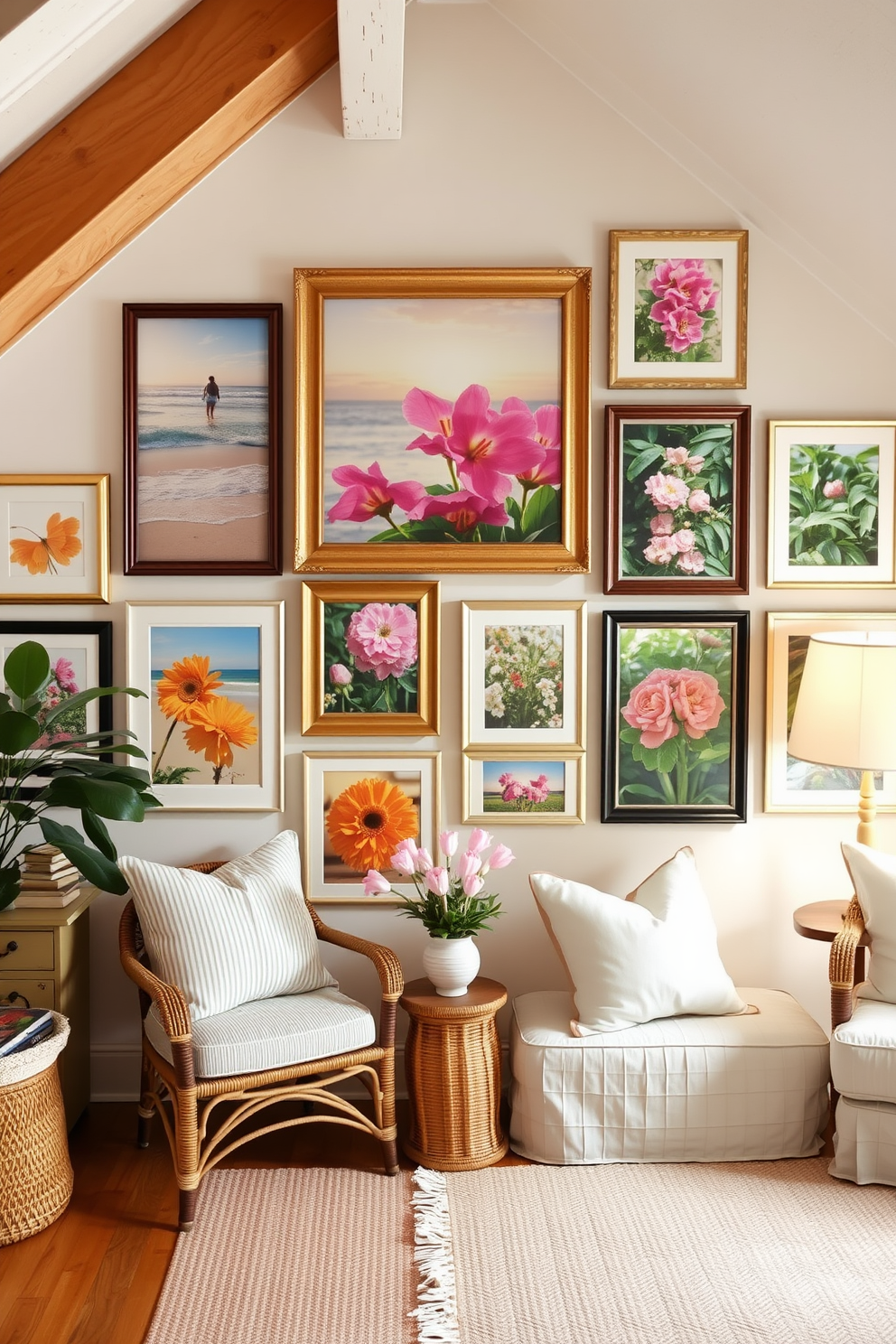 Create a gallery wall featuring a curated collection of summer photos showcasing vibrant beach scenes and lush garden blooms. The frames are arranged in an eclectic style with a mix of colors and textures that complement the room's decor. Transform your attic into a cozy summer retreat with light, airy furnishings and natural textures. Incorporate soft pastel colors and comfortable seating areas that invite relaxation and enjoyment of the warm season.