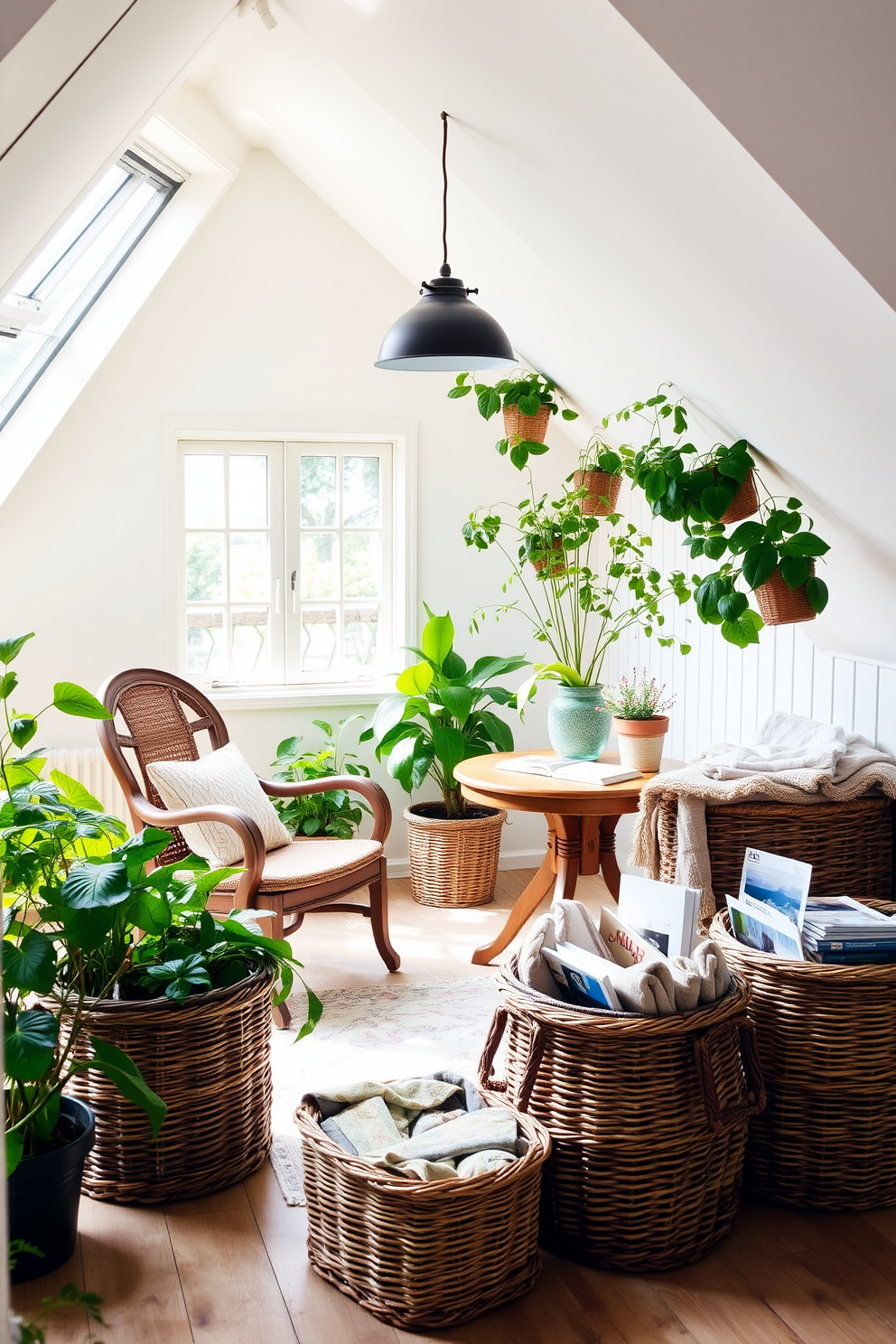 A charming summer attic space filled with natural light. The room features a cozy seating area with a vintage armchair and a small wooden table, surrounded by lush greenery from potted plants. Wicker baskets are strategically placed around the room for stylish storage. These baskets hold blankets and magazines, adding a rustic touch while keeping the space organized.