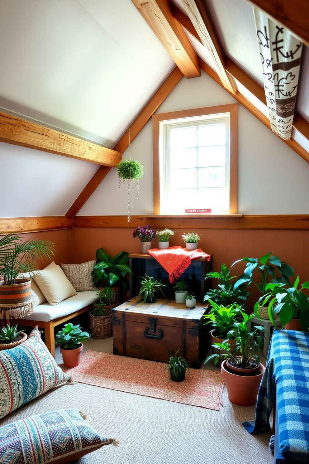 A charming summer attic space with sloped ceilings and exposed wooden beams. The room is filled with natural light streaming through a large window, illuminating a cozy seating area with plush cushions and a small side table. In one corner, a vintage trunk serves as unique storage, adding character and functionality to the decor. Surrounding the trunk are various potted plants and colorful throw blankets, creating a warm and inviting atmosphere.