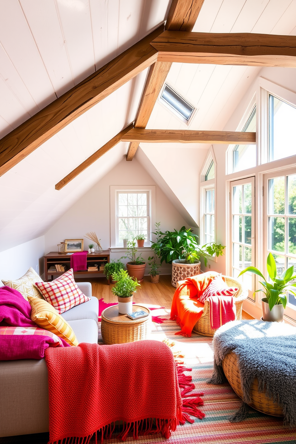 A cozy summer attic retreat filled with natural light. The space features a comfortable seating area adorned with bright colored throws in vibrant hues, inviting relaxation and warmth. Rustic wooden beams stretch across the ceiling, enhancing the charm of the attic. Large windows open to a view of the outdoors, while potted plants add a touch of greenery to the inviting atmosphere.