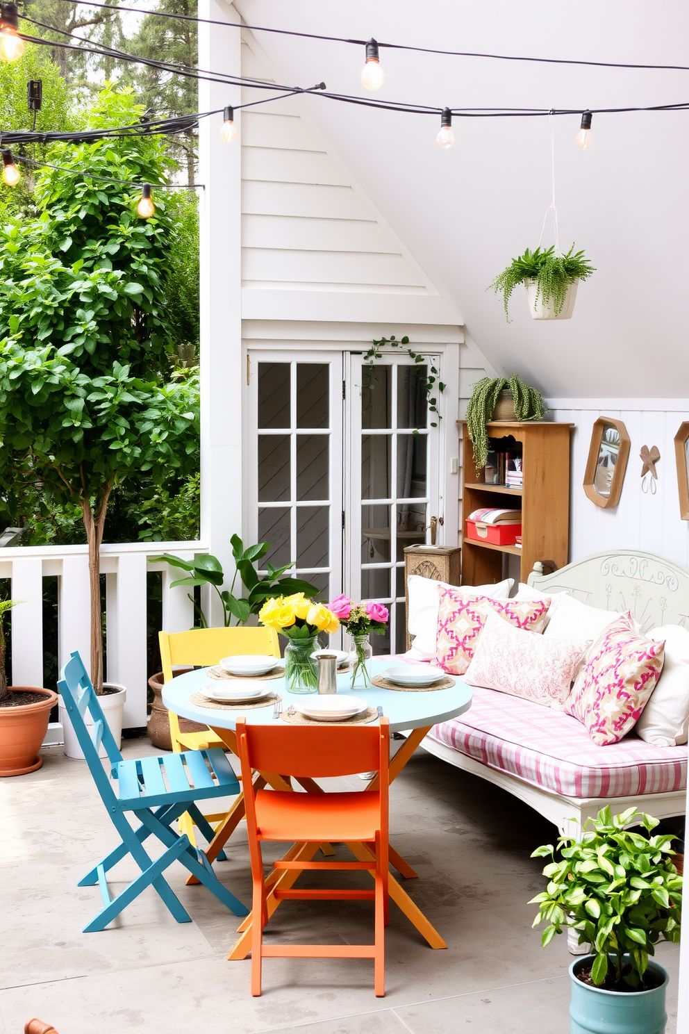 A cozy outdoor dining area features a foldable table set for a summer meal. Surrounding the table are colorful chairs, and the space is adorned with string lights overhead to create a warm ambiance. The attic is transformed into a charming retreat with soft pastel colors and vintage decor. Plush cushions are scattered on a daybed, and potted plants add a touch of greenery to the inviting space.