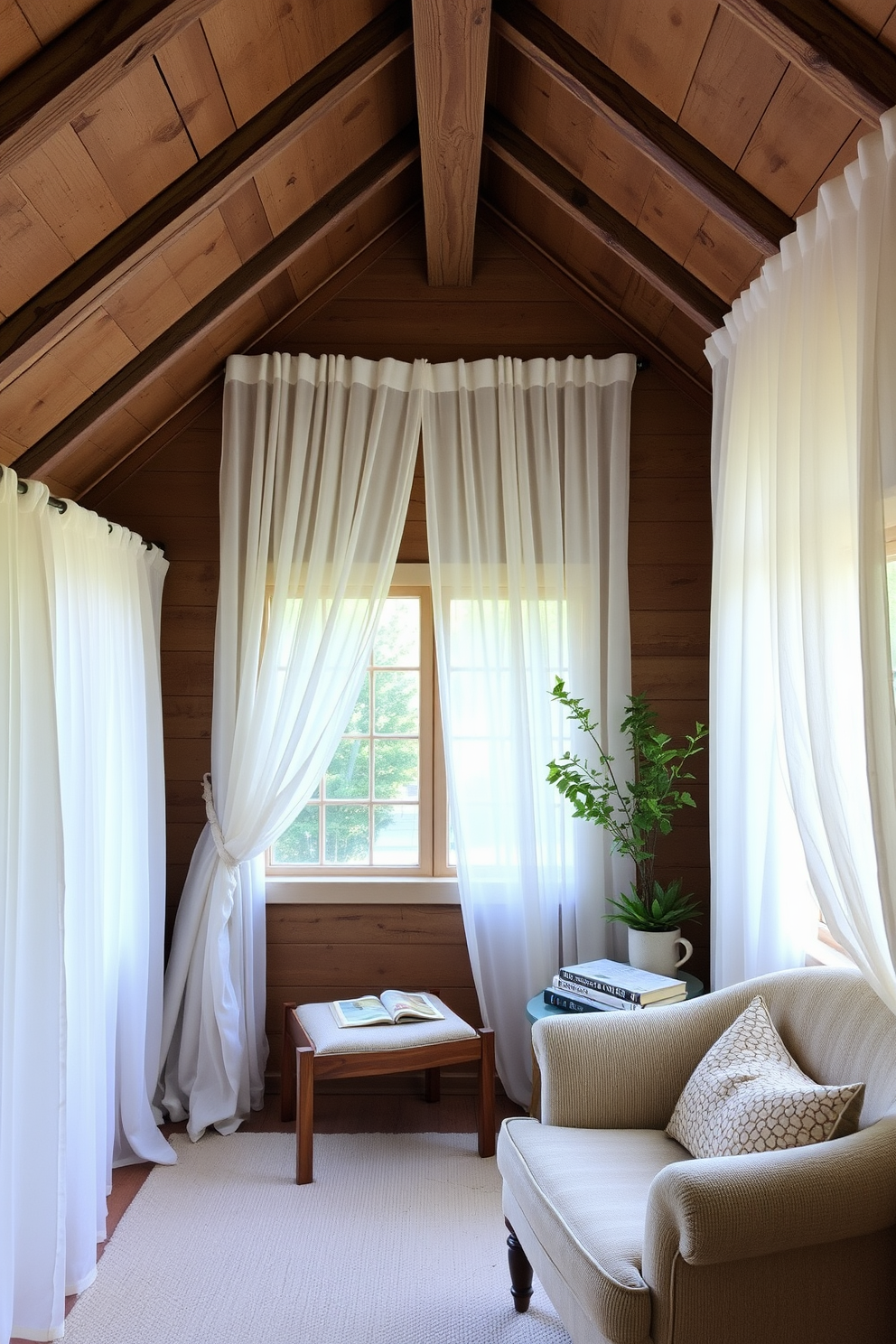 A cozy summer attic decorated with light sheer curtains that allow gentle airflow. The room features a rustic wooden beam ceiling, a comfortable reading nook with a plush armchair, and a small side table adorned with a stack of books and a potted plant.