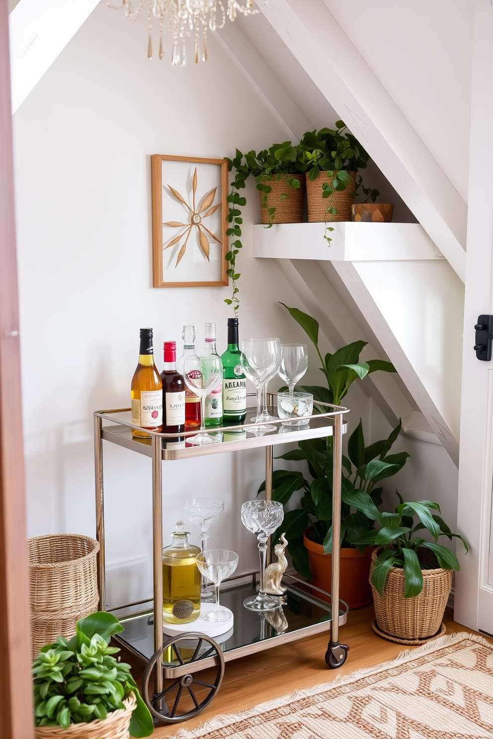 A stylish mini bar cart designed for entertaining. The cart features a sleek metal frame with glass shelves, adorned with an assortment of colorful bottles and elegant glassware. In a cozy summer attic, the decor embraces light and airy elements. Soft pastel colors and natural textures create a refreshing and inviting atmosphere, complemented by potted plants and whimsical accessories.