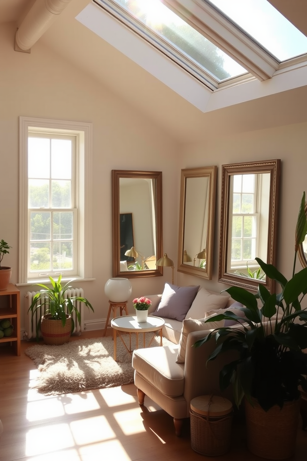 A bright and airy summer attic filled with natural light. Large windows allow sunlight to stream in, illuminating the space with a warm glow. The walls are painted in soft pastel colors, creating a serene atmosphere. A cozy seating area with plush cushions and a small coffee table invites relaxation and enjoyment of the view. Mirrors are strategically placed to reflect the natural light, enhancing the brightness of the room. Decorative plants add a touch of greenery, bringing the outdoors inside and creating a refreshing vibe.