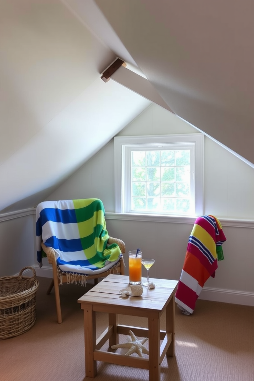 A cozy summer attic retreat with sloped ceilings and wooden beams. The space is adorned with colorful beach towels draped over a comfortable lounge chair, creating a vibrant and inviting atmosphere. Natural light floods the room through a large window, illuminating a small wooden table topped with seashells and a refreshing drink. The walls are painted in a soft pastel hue, complementing the cheerful decor and enhancing the relaxed summer vibe.