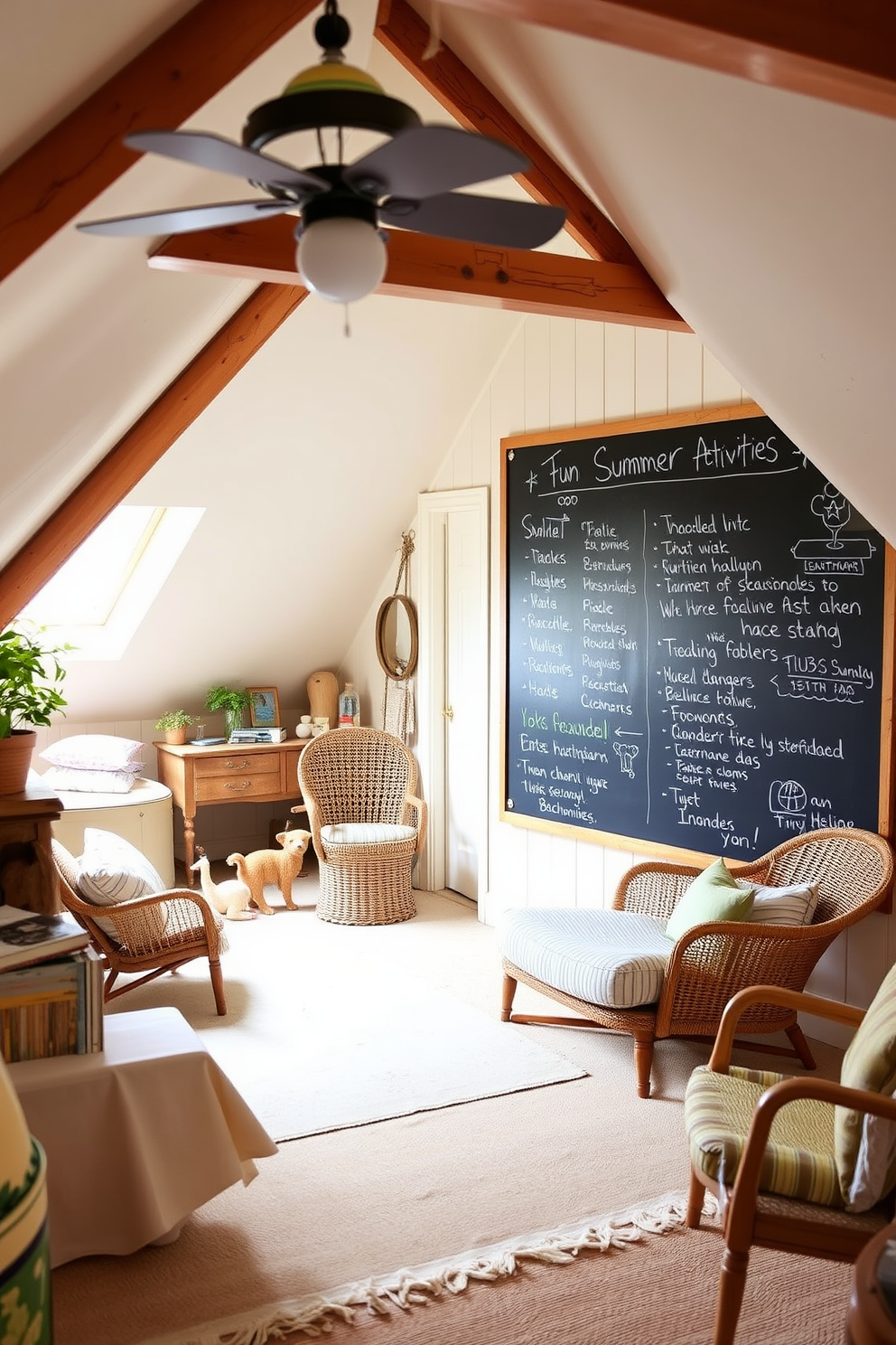 A cozy summer attic space featuring a large chalkboard on one wall, filled with colorful drawings and a list of fun summer activities. The rest of the attic is decorated with light, airy fabrics and vintage furniture, creating a relaxed and inviting atmosphere.