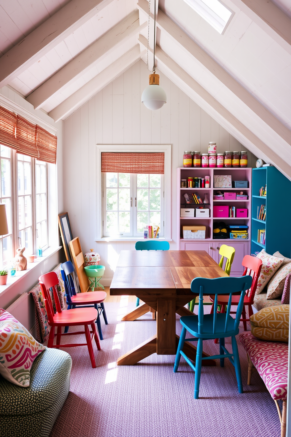 Create a DIY craft corner filled with natural light and vibrant colors. A large wooden table is surrounded by colorful chairs, and shelves are lined with jars of craft supplies. Design a summer attic retreat that captures the essence of warmth and relaxation. Soft pastel colors adorn the walls, while cozy seating and light fabrics create an inviting atmosphere.