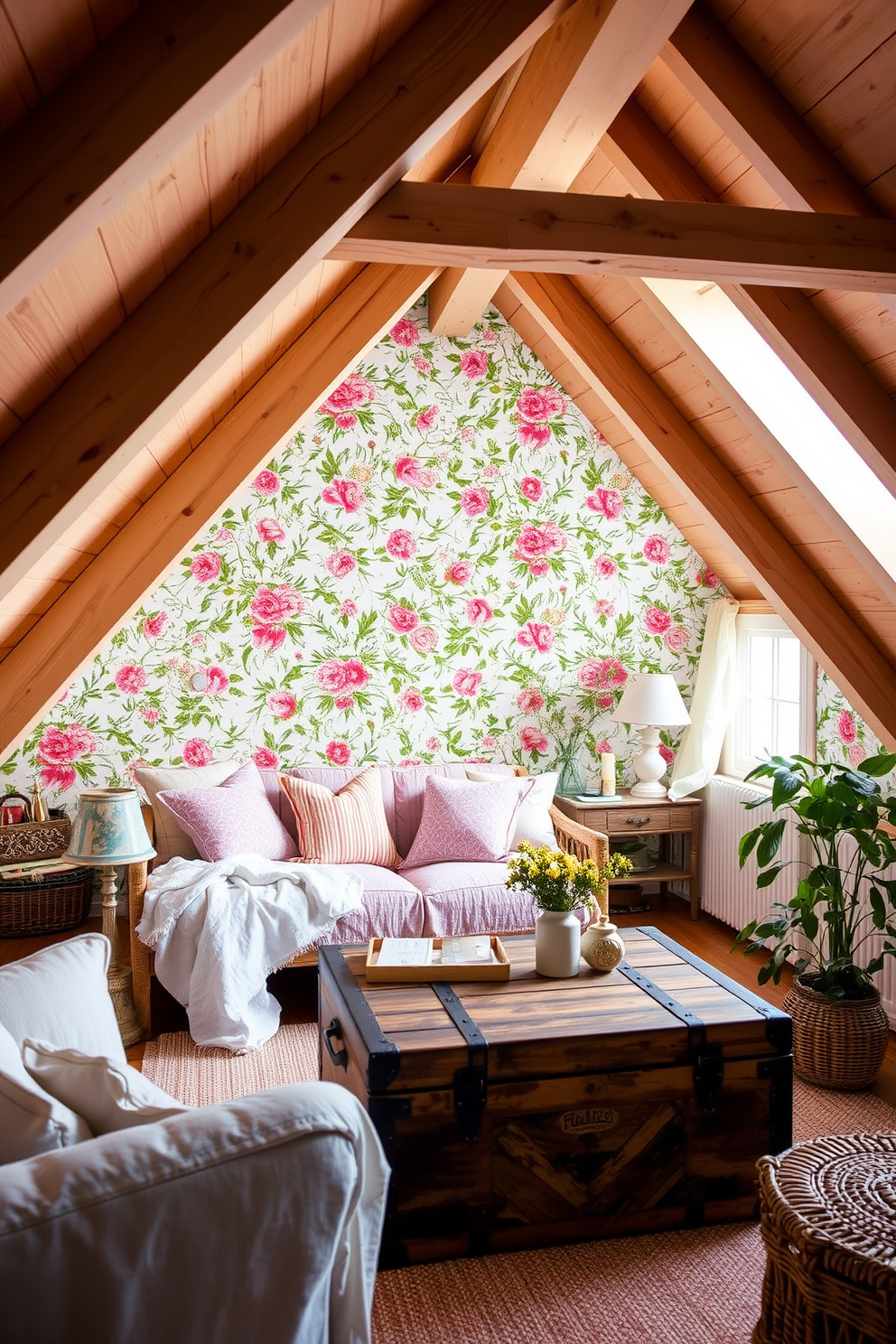 A cozy summer attic space featuring removable wallpaper with a vibrant floral pattern that brings a fresh and lively atmosphere. The room is adorned with light wooden beams and a vintage trunk serving as a coffee table, complemented by soft, airy textiles in pastel colors.