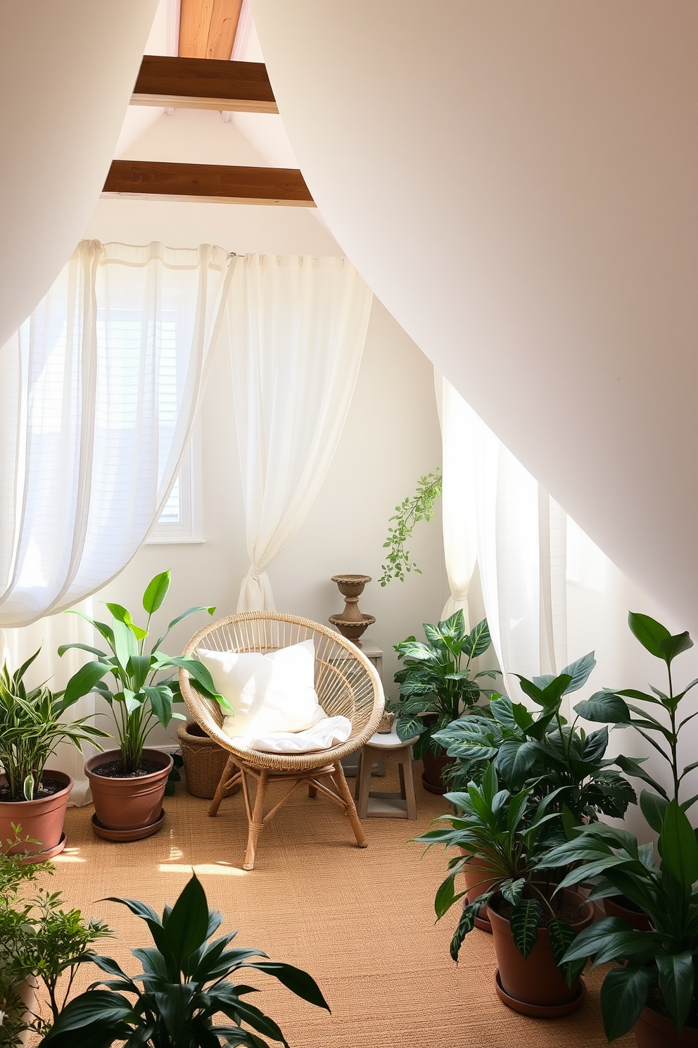 A cozy summer attic space filled with natural light. The room features a comfortable seating area with a rattan chair and a small side table, surrounded by potted plants and soft, airy curtains. In the corner, a small indoor fountain adds a touch of serenity, creating a soothing atmosphere. The walls are adorned with light, pastel colors, and the wooden beams are exposed for a rustic charm.