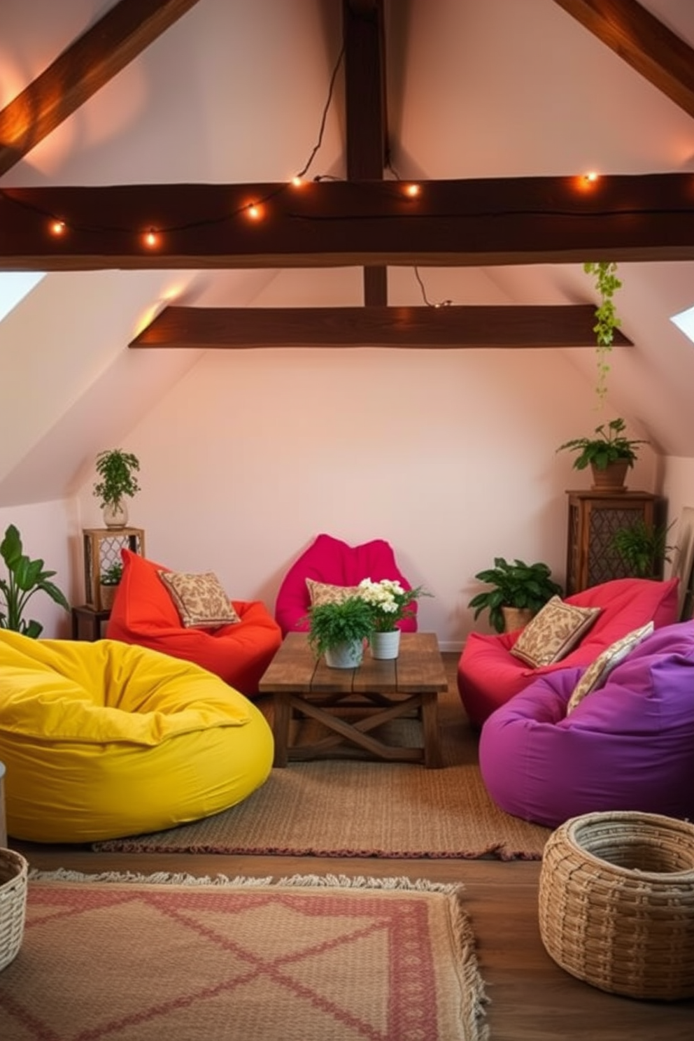 Create a cozy corner with colorful bean bags arranged around a low wooden table. Soft fairy lights hang overhead, casting a warm glow, while potted plants add a touch of greenery to the space. For summer attic decorating ideas, use light pastel colors on the walls to create an airy feel. Incorporate vintage furniture pieces and woven rugs to enhance the rustic charm of the attic.