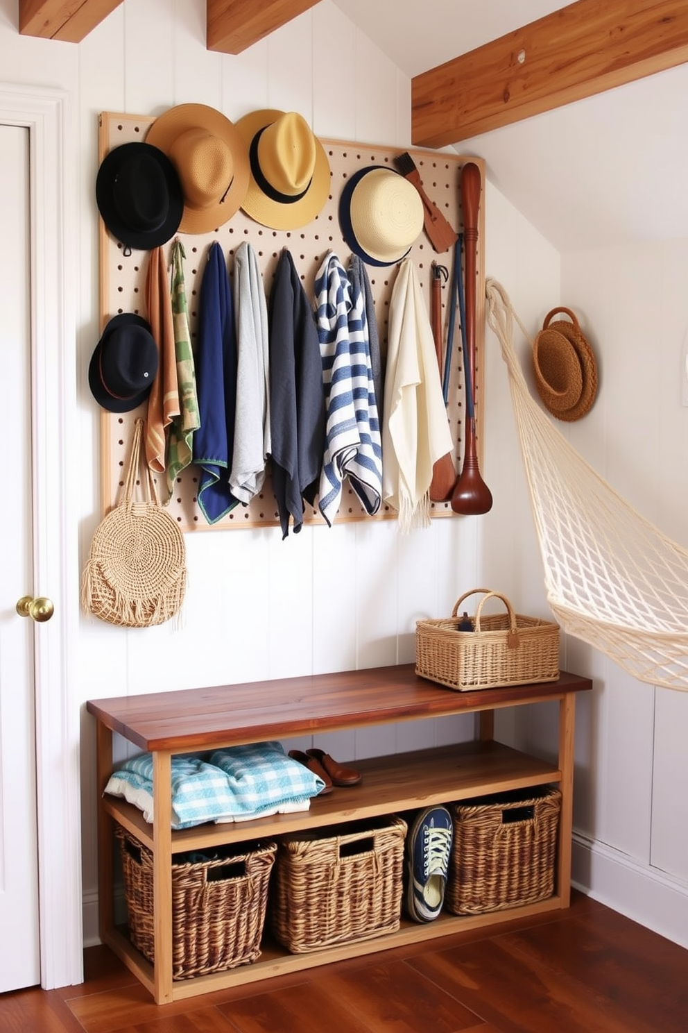 A functional summer gear storage solution features a pegboard mounted on the wall, showcasing neatly arranged items such as hats, beach towels, and sporting equipment. Below the pegboard, a rustic wooden bench provides a convenient spot for putting on shoes, while baskets underneath keep smaller items organized. Transform your attic into a cozy summer retreat with light-colored walls and soft furnishings. Incorporate vintage decor elements like woven baskets and a hammock for a relaxed vibe, creating an inviting space to unwind during warm days.