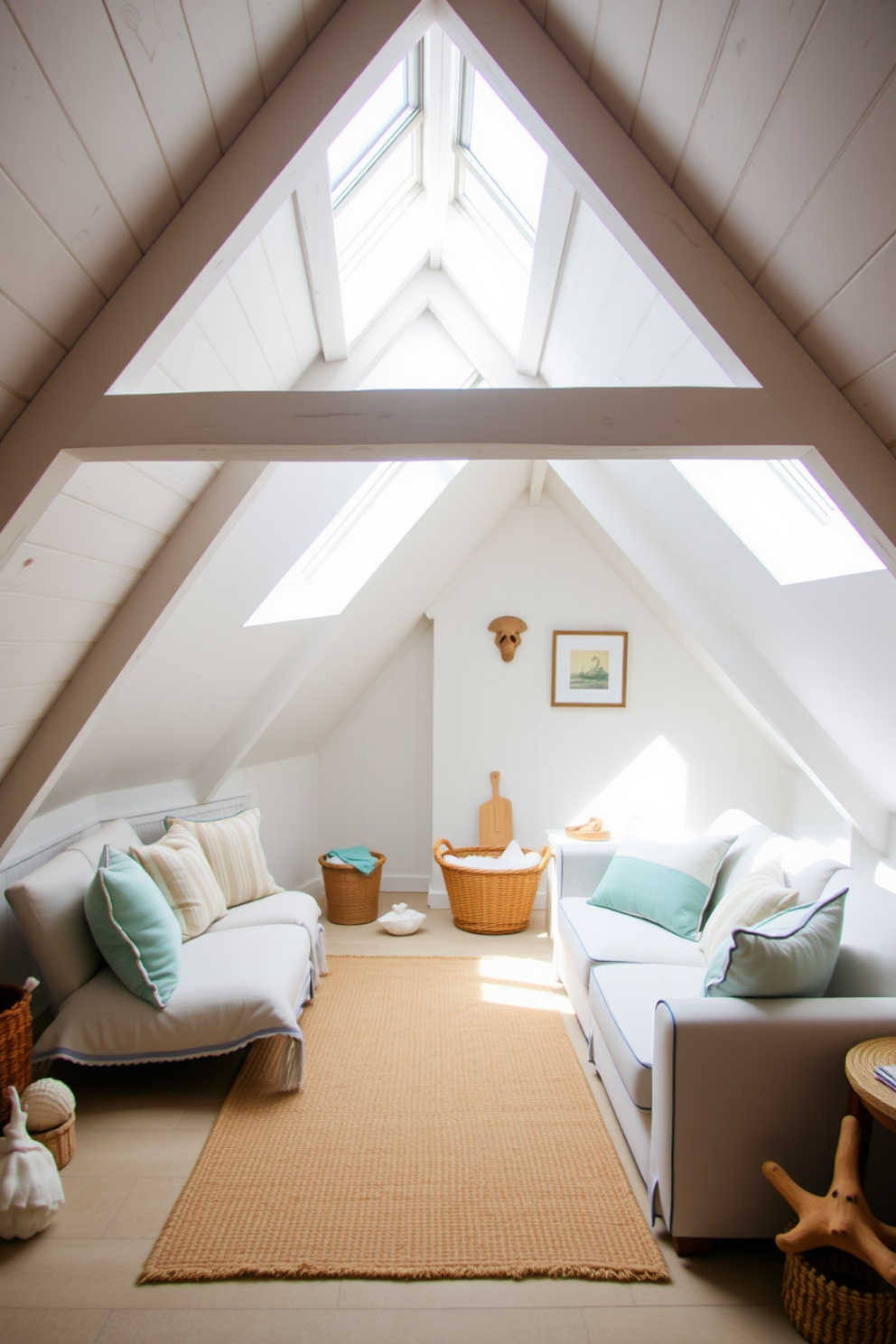 A serene attic space designed with a beach-themed color palette featuring soft blues and sandy beiges. Natural light floods the room through skylights, illuminating the whitewashed wooden beams and creating a warm, inviting atmosphere. Cozy seating is arranged with plush cushions in ocean-inspired hues, complemented by a jute rug that adds texture. Decorative elements include seashells and driftwood accents, enhancing the coastal vibe and creating a relaxing retreat.