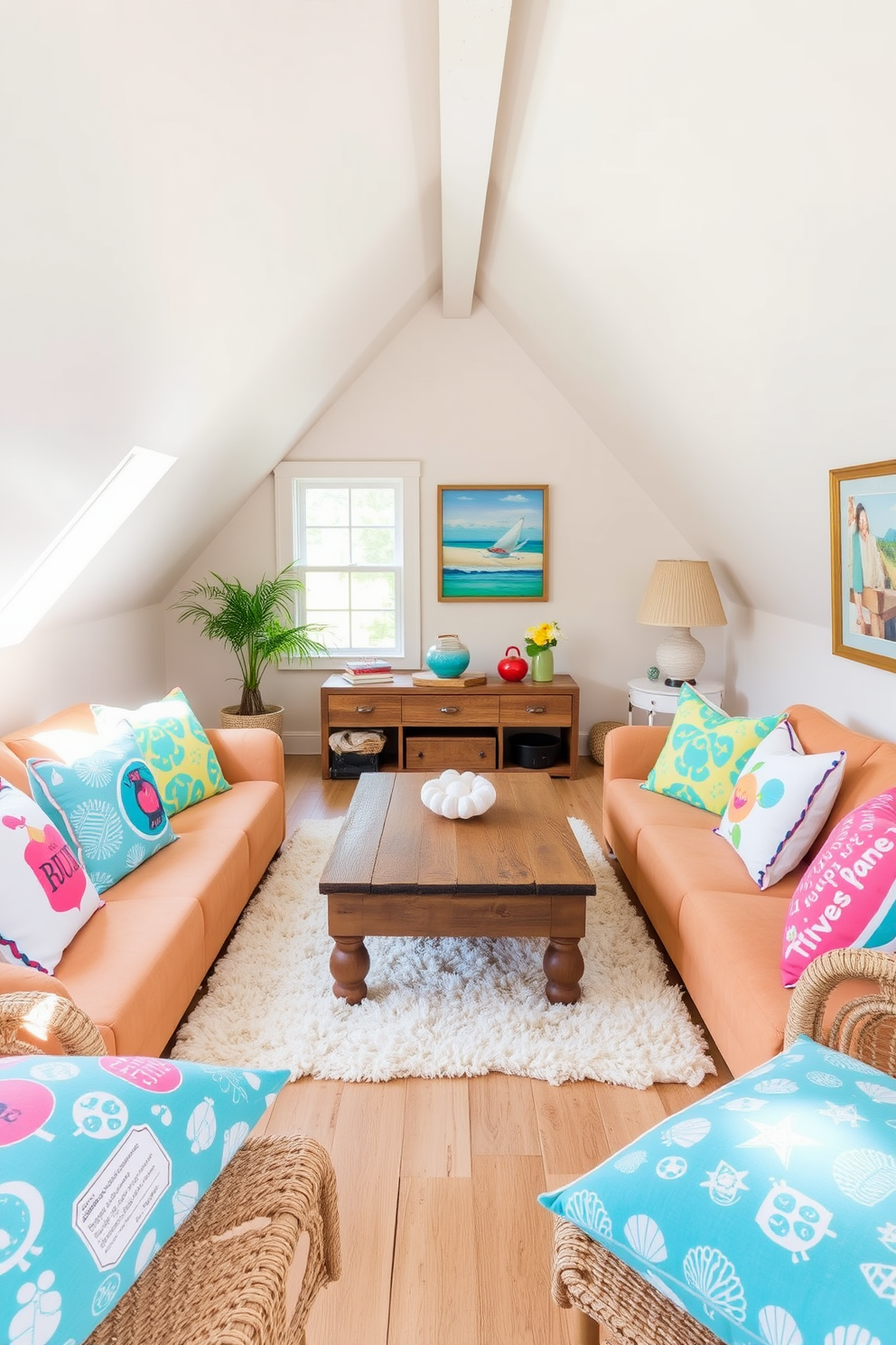 Create a charming summer attic space filled with natural light. The room features a cozy seating area adorned with fun summer-themed pillows in vibrant colors and playful patterns. Include a rustic wooden coffee table in the center, surrounded by soft, textured rugs. The walls are painted in a light, airy shade, and decorative accents like seashells and beach-themed artwork add a cheerful touch.