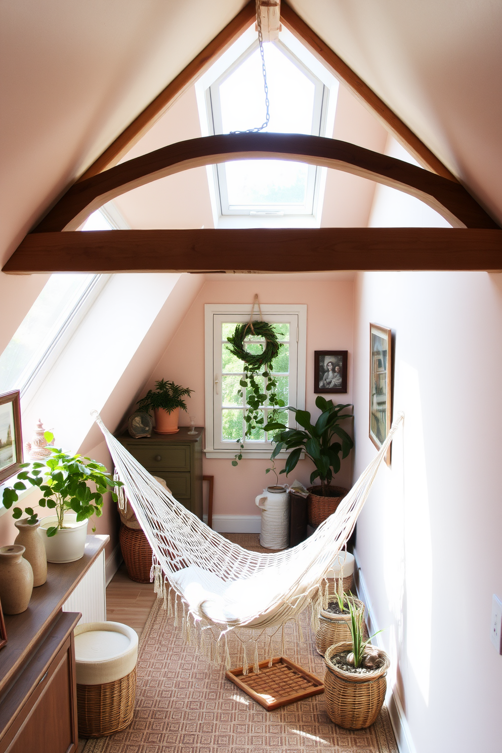 A cozy summer attic space filled with natural light. There is a comfortable hammock suspended between two wooden beams, inviting relaxation and leisure. The walls are adorned with soft, pastel colors that evoke a serene atmosphere. Vintage decor pieces and potted plants add a touch of charm and warmth to the space.