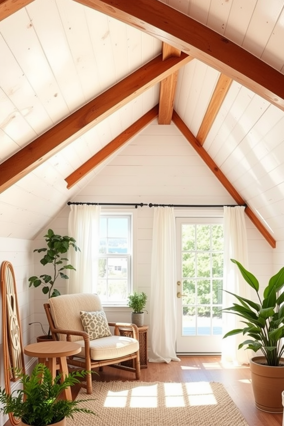 A cozy summer attic space filled with natural light. The walls are adorned with white shiplap, and the ceiling beams are exposed, showcasing rich natural wood accents for warmth. A comfortable seating area features a plush, oversized chair and a small wooden side table. Soft, airy curtains flutter gently in the breeze, and potted plants add a touch of greenery.