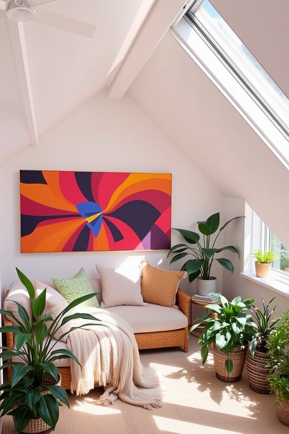 A bright and airy attic space filled with natural light. Use vibrant artwork to energize the space, featuring bold colors and dynamic shapes that draw the eye. Incorporate cozy seating with plush cushions and a soft throw blanket. Add decorative plants to bring life to the room and enhance the summer vibe.