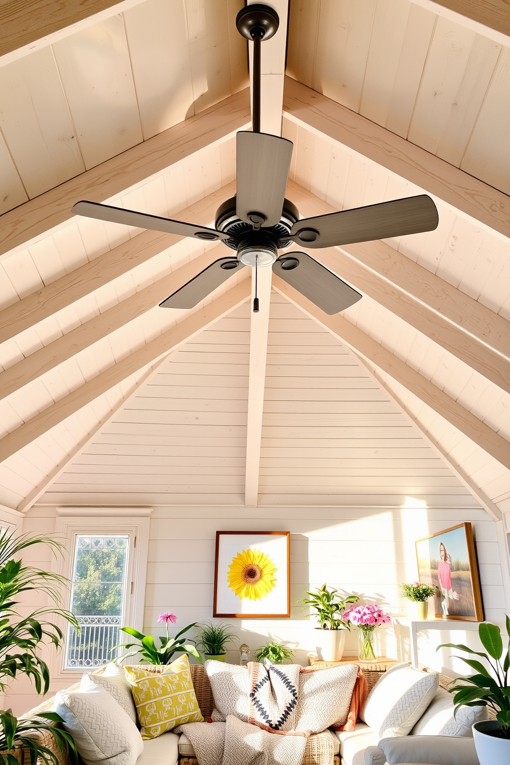 A cozy summer attic space with a light-colored wooden ceiling and exposed beams. A stylish ceiling fan hangs from the center, providing cool breezes and enhancing the airy atmosphere. The room features a comfortable seating area with plush cushions and a soft throw blanket. Bright, cheerful decor elements like potted plants and colorful artwork add a refreshing touch to the space.