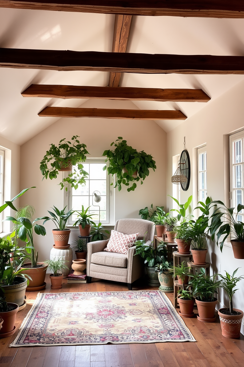 A cozy summer attic retreat filled with natural light. The space features a comfortable reading nook with a plush armchair surrounded by various potted plants that bring a touch of freshness to the atmosphere. The walls are painted in a soft cream color, creating a warm and inviting backdrop. Rustic wooden beams stretch across the ceiling, and a vintage rug adds texture to the wooden floor.