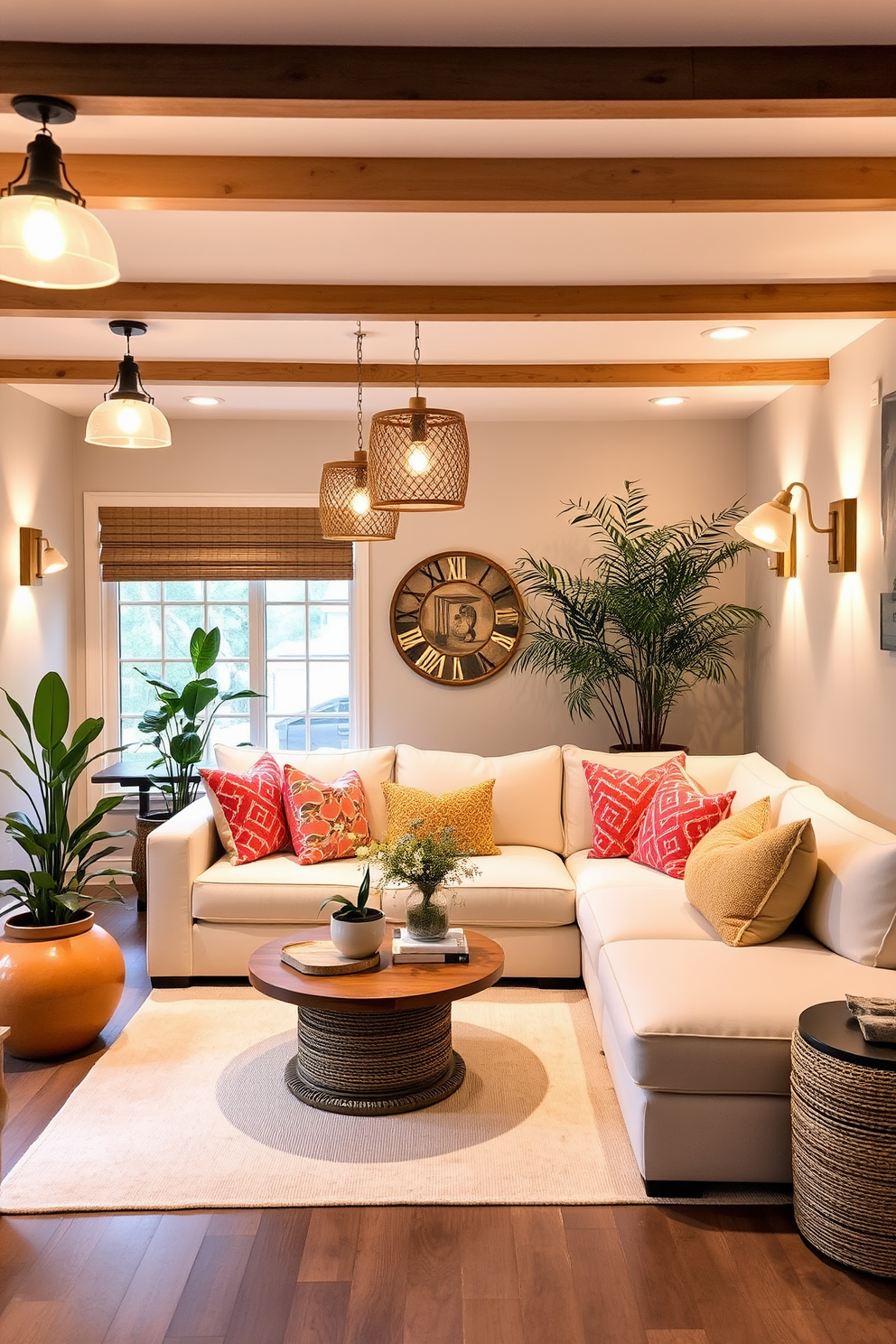 A cozy summer basement retreat featuring layered lighting options. Soft pendant lights hang from the ceiling, complemented by warm wall sconces that create an inviting atmosphere. The space is furnished with a plush sectional sofa adorned with vibrant throw pillows. A large area rug in light colors anchors the seating area, while decorative plants add a touch of freshness.