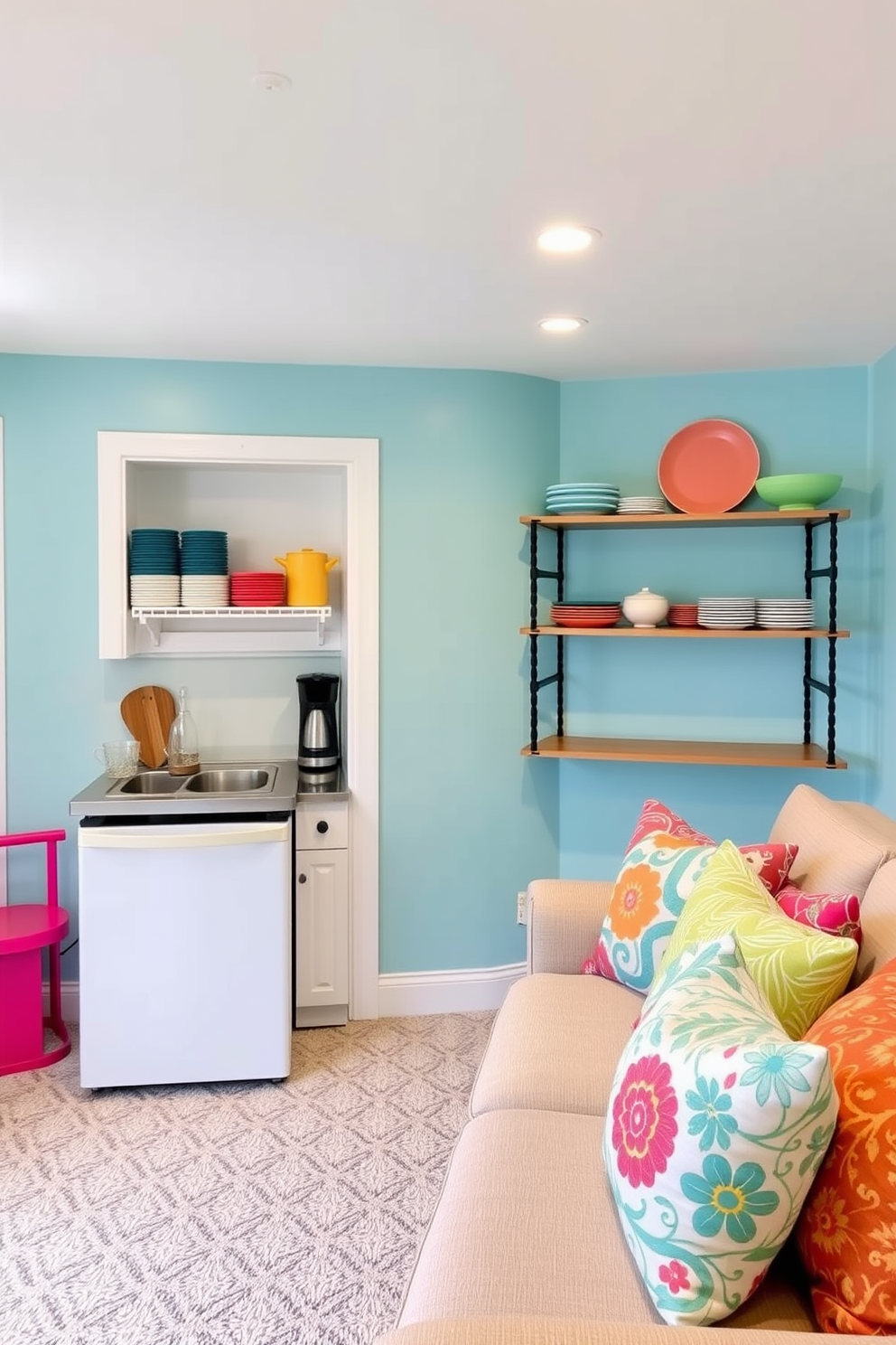 A cozy summer basement setting featuring a small kitchenette for convenience. The kitchenette includes a compact refrigerator, a sink, and open shelving adorned with colorful dishware. The walls are painted in a light, airy blue, creating a refreshing ambiance. A comfortable seating area with a sectional sofa and vibrant throw pillows invites relaxation and social gatherings.