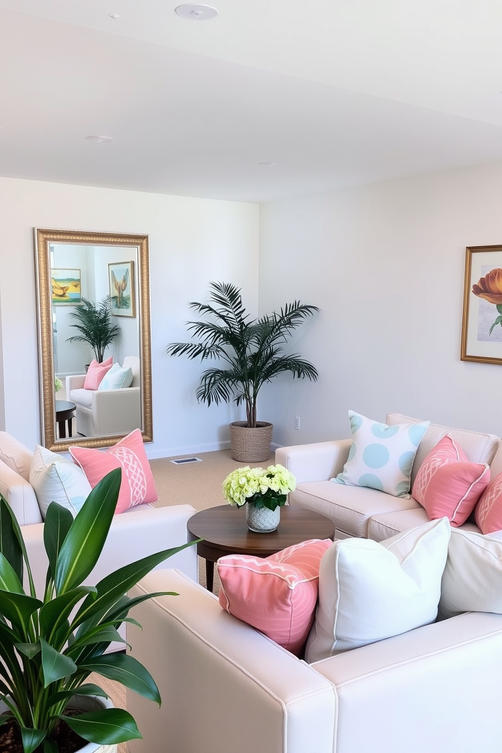 A bright and airy summer basement retreat. The walls are painted in a soft white, and large mirrors are strategically placed to reflect natural light coming from the windows. Cozy seating areas are arranged with light-colored furniture, complemented by vibrant throw pillows. Decorative plants and summer-themed artwork add a refreshing touch to the space.