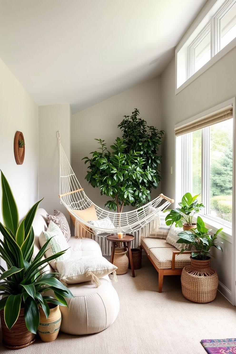 A cozy summer basement retreat designed for relaxation. The space features a comfortable hammock suspended between two walls, surrounded by soft cushions and a small side table for drinks. The walls are painted in a light, airy color to enhance brightness, while large windows allow natural light to flood in. Decorative plants are placed around the room, adding a touch of greenery and warmth to the inviting atmosphere.