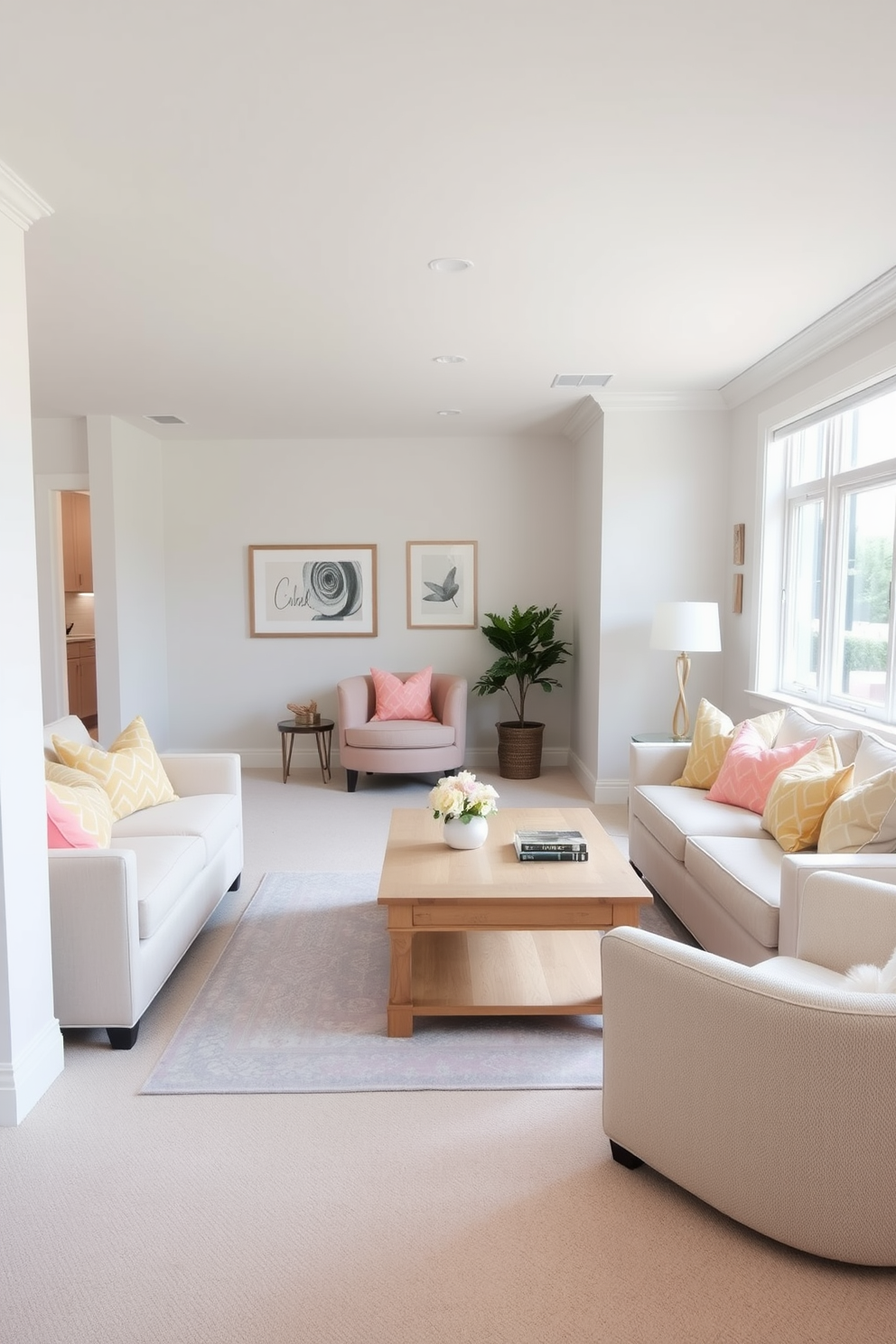 A bright and airy basement space featuring light-colored walls and soft pastel decor. The area is furnished with a comfortable sectional sofa adorned with cheerful throw pillows and a light wooden coffee table at the center. In one corner, a cozy reading nook is created with a plush armchair and a small side table. Large windows allow natural light to flood the room, enhancing the cheerful ambiance.