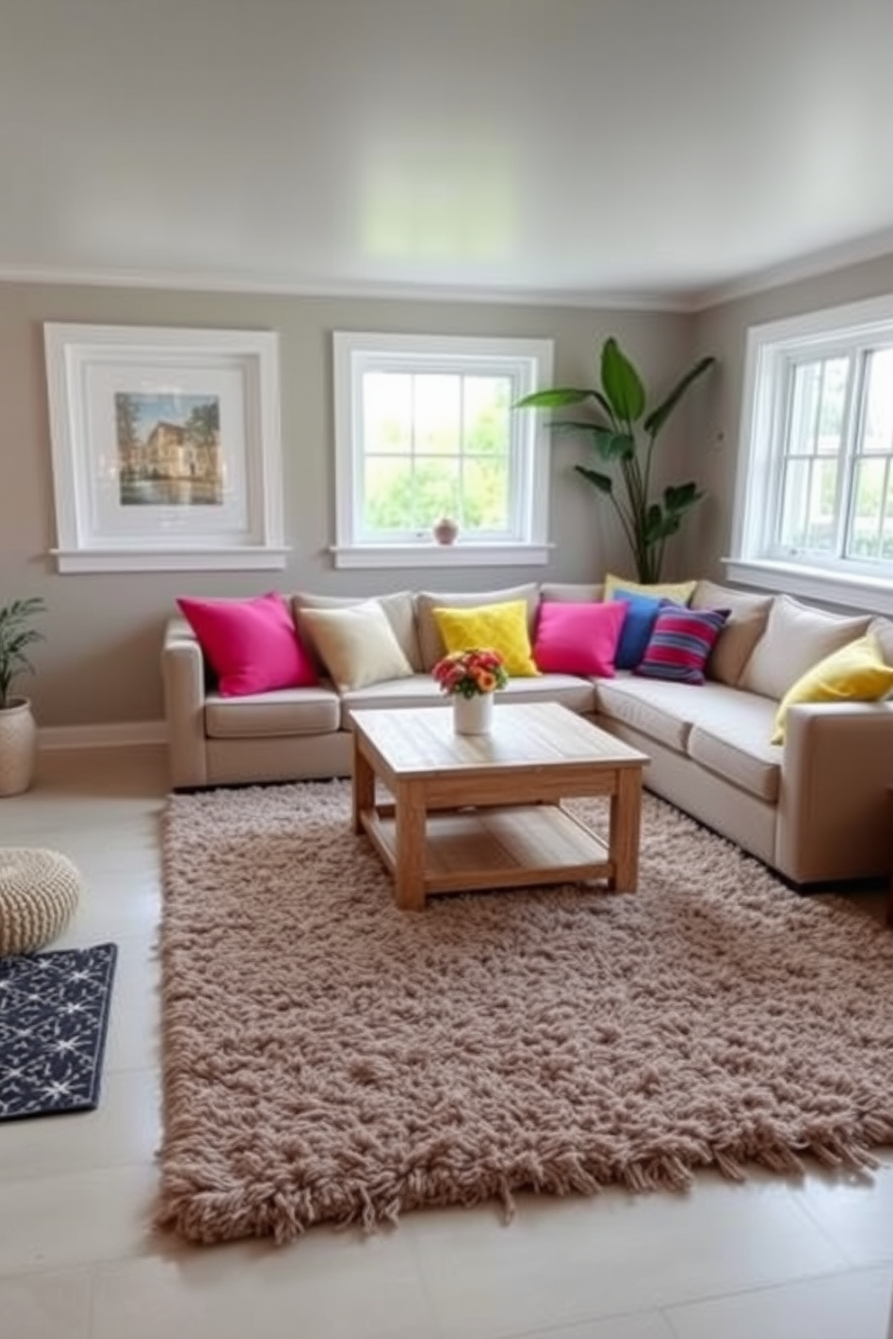 A cozy basement retreat designed for summer enjoyment. The space features a comfortable sectional sofa adorned with bright throw pillows in vibrant colors, creating a cheerful atmosphere. Natural light floods the room through large windows, enhancing the inviting ambiance. A light wooden coffee table sits at the center, surrounded by plush area rugs that add warmth to the cool basement floor.