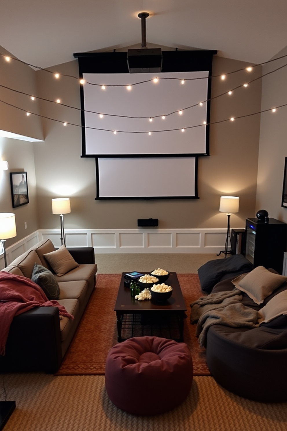 Create a cozy movie night setup in a spacious basement. A large projector screen is mounted on the wall, and plush seating options like a sectional sofa and bean bags are arranged in front for optimal viewing comfort. Soft lighting is provided by string lights draped across the ceiling and floor lamps placed strategically around the room. A coffee table is adorned with popcorn bowls and blankets for added comfort, while a mini fridge stocked with beverages is located nearby for convenience.