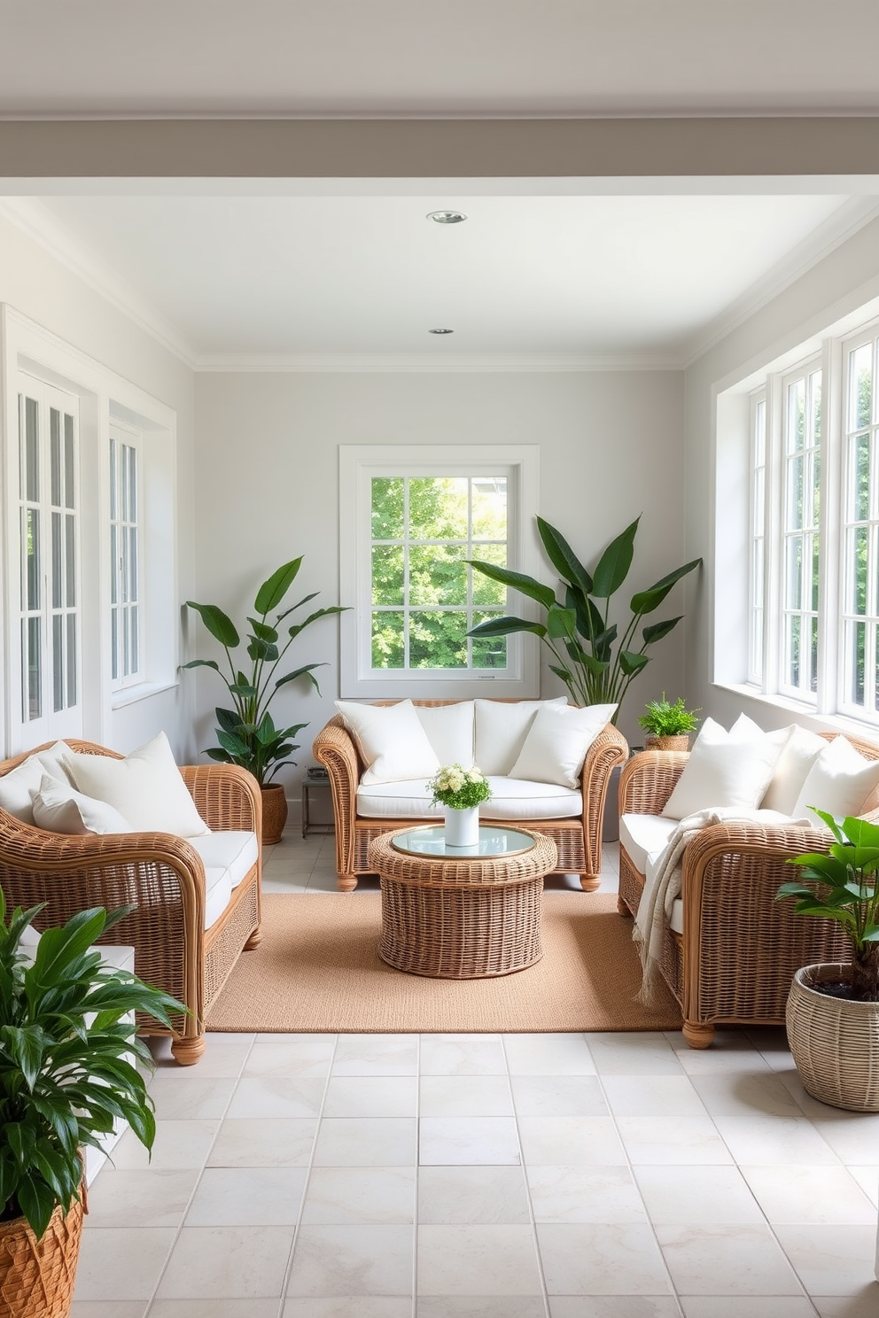 A bright and airy basement lounge featuring wicker furniture that exudes a summery vibe. The space is adorned with light-colored cushions and soft throws to enhance comfort and relaxation. Large windows allow natural light to flood in, creating an inviting atmosphere. Potted plants are strategically placed around the room to add a touch of greenery and freshness.