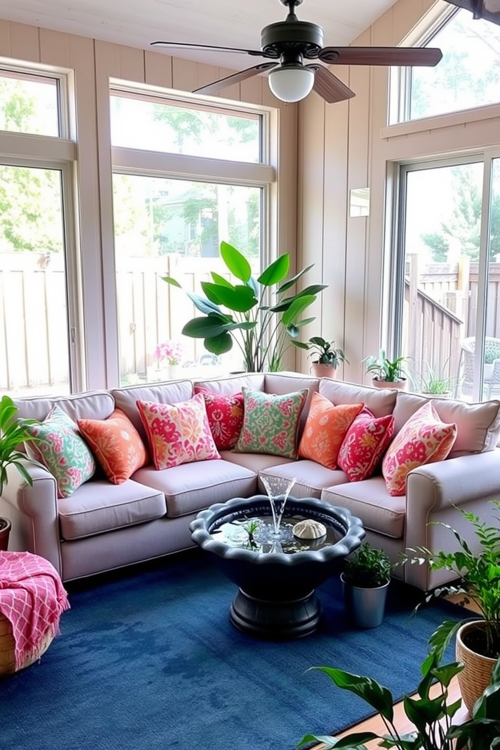 A cozy summer basement retreat featuring a comfortable sectional sofa adorned with vibrant throw pillows. Large windows allow natural light to flood the space, complemented by light wood paneling and a soft area rug. A small indoor fountain is positioned in the corner, creating a soothing ambiance with the sound of gently flowing water. Potted plants are strategically placed throughout the room, adding a touch of greenery and enhancing the tranquil atmosphere.