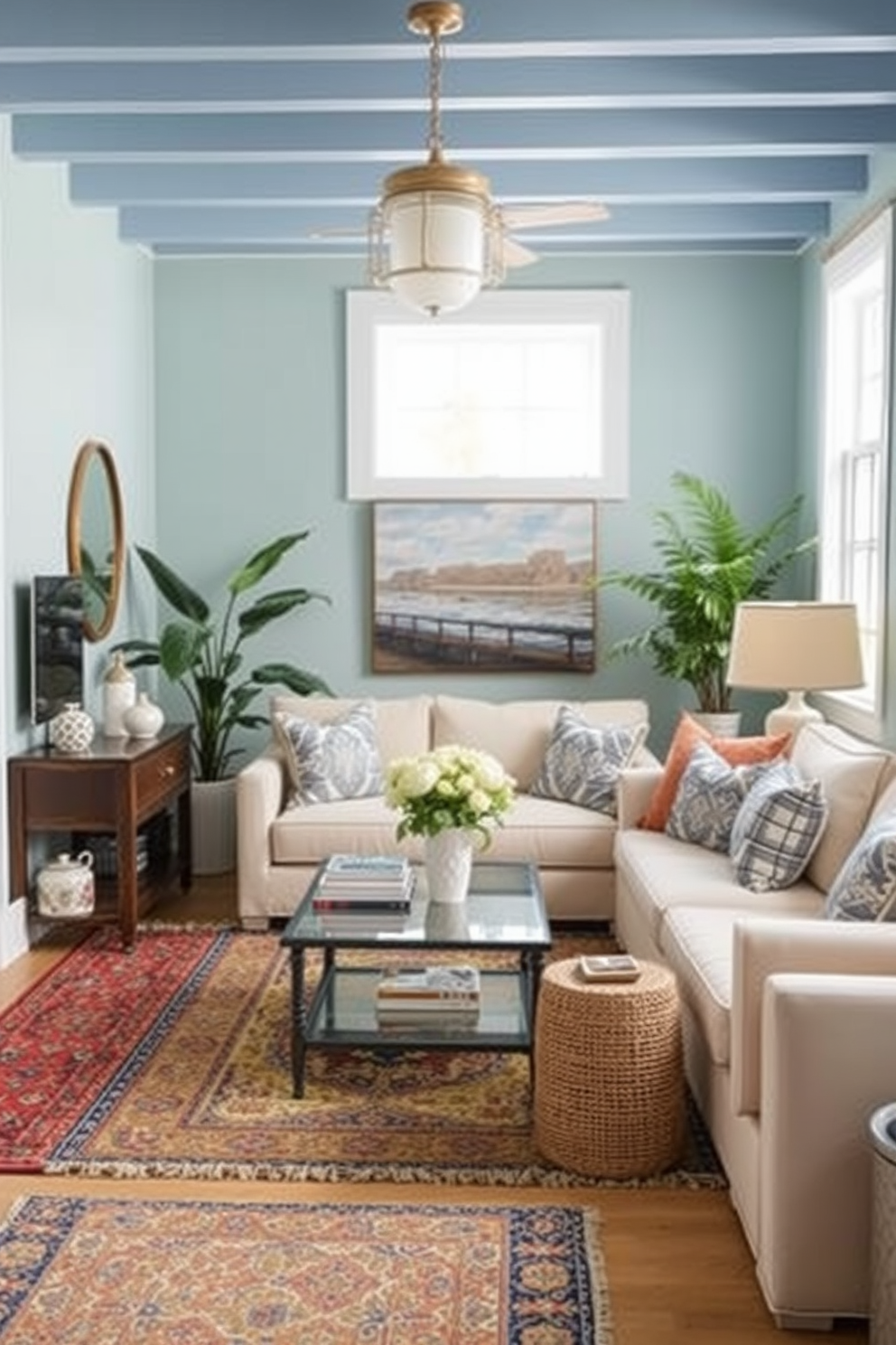 Create distinct zones with rugs in a summer basement setting. Use light and airy colors to enhance the space while incorporating comfortable seating arrangements.