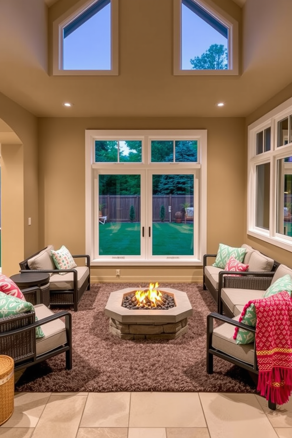 A cozy summer basement retreat featuring a stylish fire pit at the center surrounded by comfortable seating. The walls are painted in a soft beige, and large windows let in natural light, creating a warm and inviting atmosphere. The floor is adorned with a plush area rug, adding texture and comfort to the space. Brightly colored cushions and throws complement the decor, enhancing the vibrant summer vibe.