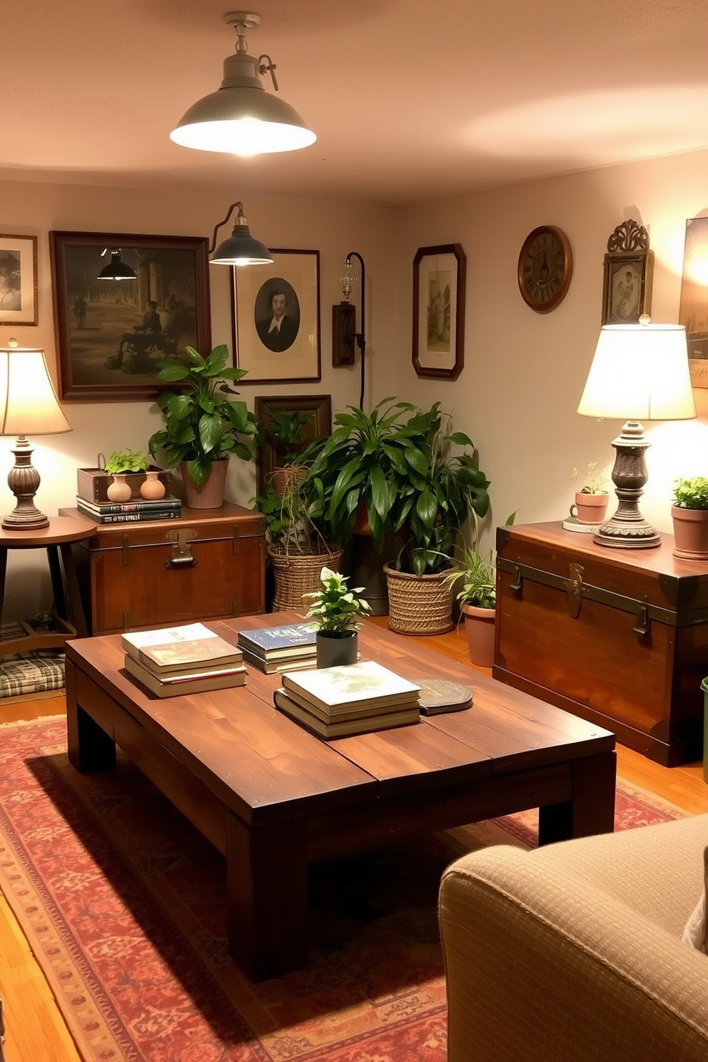 A cozy summer basement retreat featuring vintage finds that add unique charm. The space includes a reclaimed wooden coffee table adorned with a collection of antique books and a vintage rug that warms the floor. Soft lighting is provided by an assortment of mismatched lamps with character, casting a warm glow throughout the room. A vintage trunk serves as both storage and a decorative piece, while potted plants bring a touch of nature indoors.