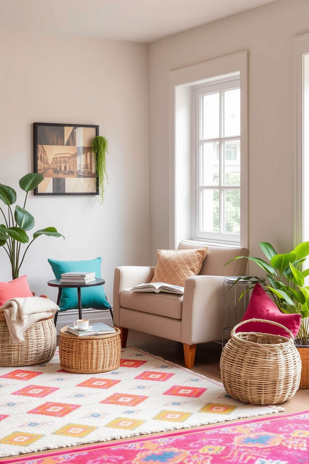 A cozy reading nook setup features a plush armchair upholstered in soft fabric, positioned next to a large window that lets in natural light. A small side table holds a steaming cup of tea and a stack of well-loved books, while a woven basket nearby is filled with cozy blankets. Summer basement decorating ideas include light-colored walls painted in a soft pastel hue to create an airy feel. Brightly colored cushions and a vibrant area rug add pops of color, while potted plants bring a touch of nature indoors.