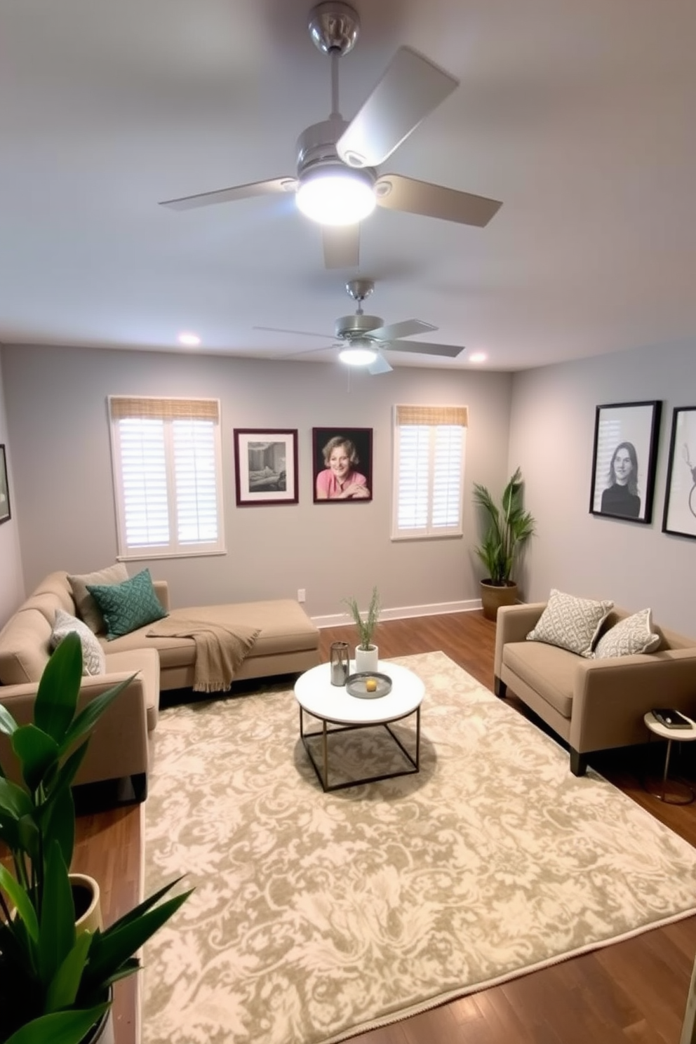 A stylish basement retreat with a cozy seating area featuring a plush sectional sofa and a modern coffee table. The walls are painted in a light gray tone, and a large area rug adds warmth to the space. Install ceiling fans to enhance airflow and maintain comfort during hot summer days. Incorporate decorative elements like potted plants and framed artwork to create an inviting atmosphere.