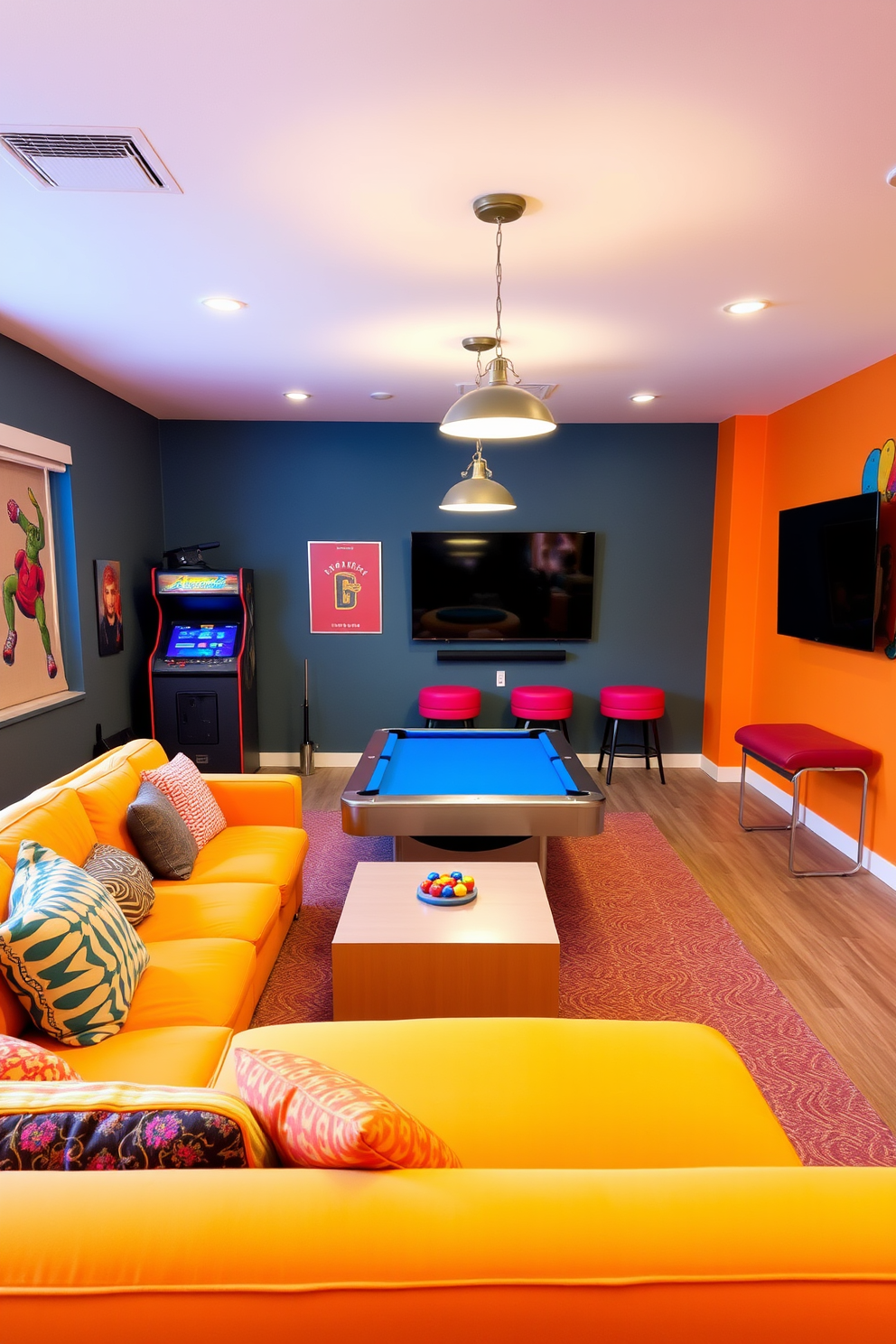 A vibrant multi-functional game area designed for relaxation and entertainment. The space features a cozy sectional sofa in a bright color, paired with a sleek coffee table and a large flat-screen TV mounted on the wall. In one corner, a vintage arcade machine adds a nostalgic touch, while a pool table occupies the center of the room. Soft lighting from pendant fixtures creates a warm ambiance, and colorful wall art enhances the playful atmosphere.