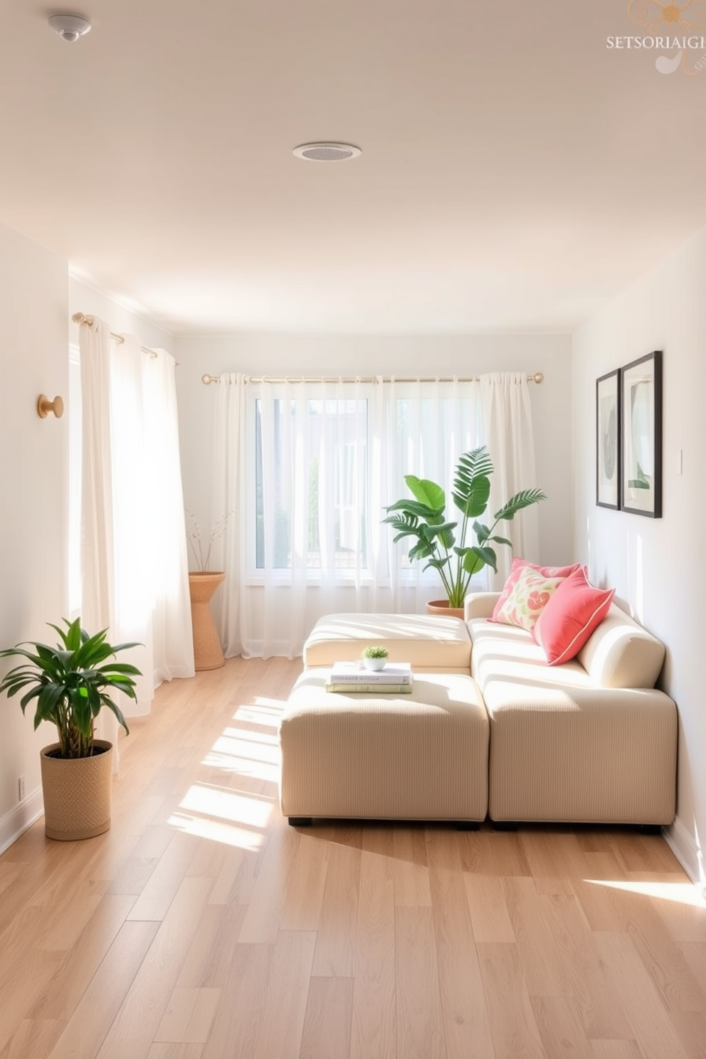 A bright and airy basement space designed for summer relaxation. The walls are painted in a soft white tone, and the floor is covered with a light wooden laminate for warmth. Incorporate sheer curtains that gently filter in natural light, creating a welcoming atmosphere. A cozy seating area with a sectional sofa and colorful throw pillows invites comfort and leisure.