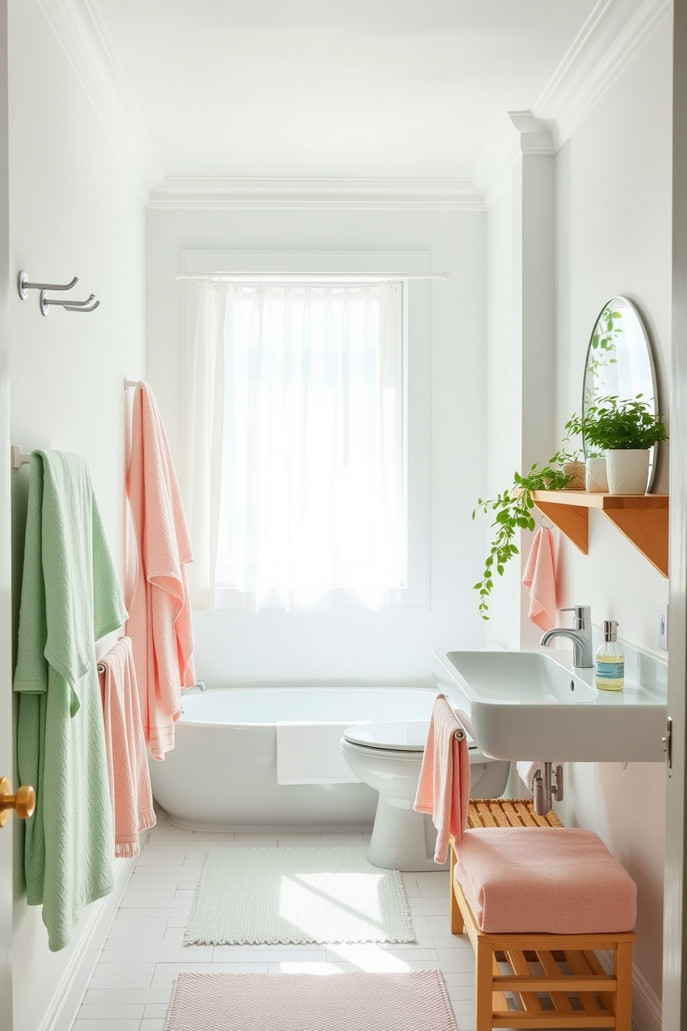 A bright and airy bathroom filled with pastel-colored towels neatly arranged on racks and hooks. The walls are painted in a soft white hue, creating a fresh backdrop for vibrant accents of mint green and blush pink. Natural light streams in through a large window adorned with sheer white curtains. A wooden shelf holds decorative items and plants, enhancing the cheerful summer vibe of the space.