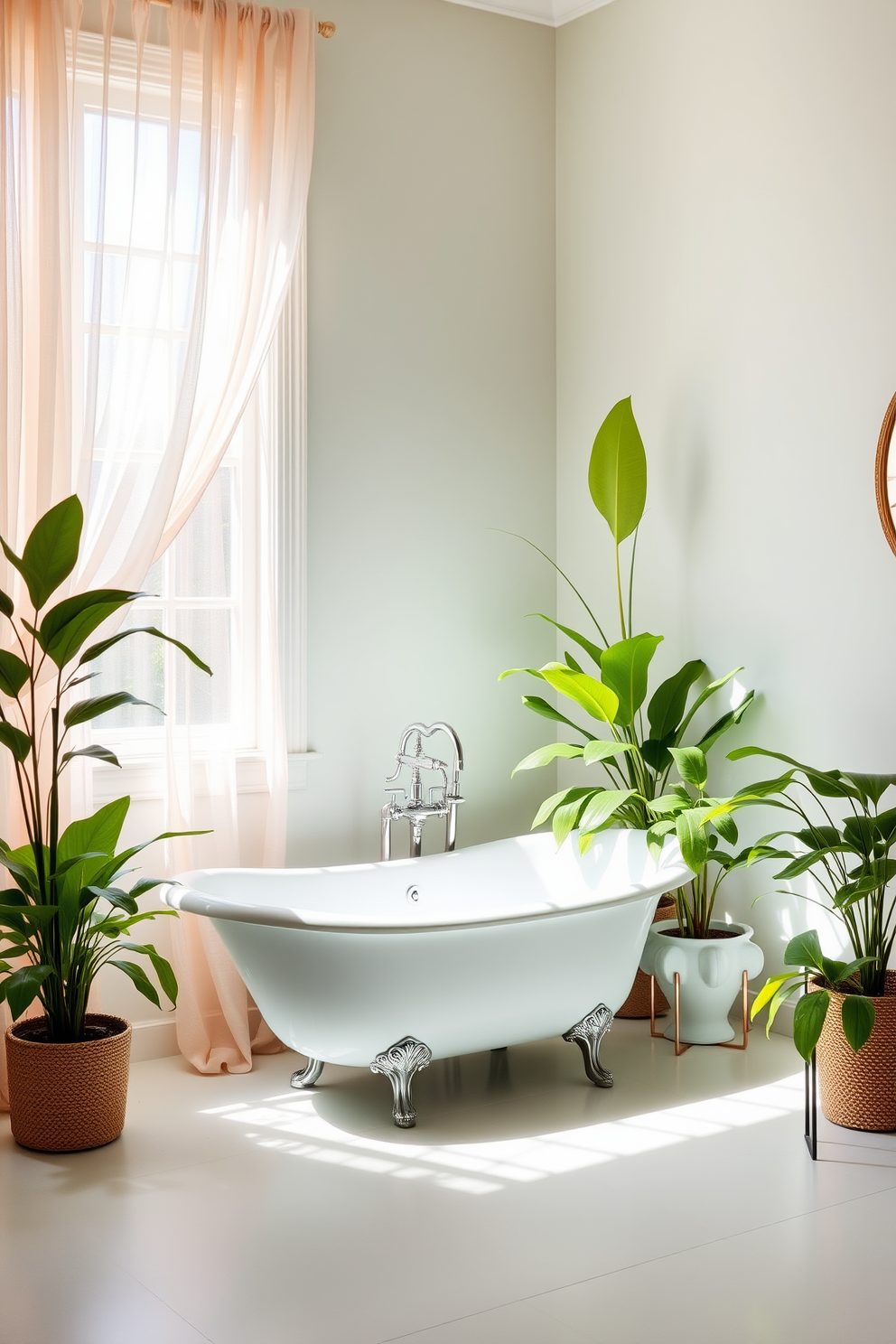 A bright and airy summer bathroom filled with natural light. Light sheer curtains flutter gently by the window, creating a soft and inviting atmosphere. The walls are painted in a fresh pastel hue, complemented by vibrant green plants placed strategically around the space. A stylish freestanding tub sits gracefully in the corner, adorned with a few carefully chosen decorative items.