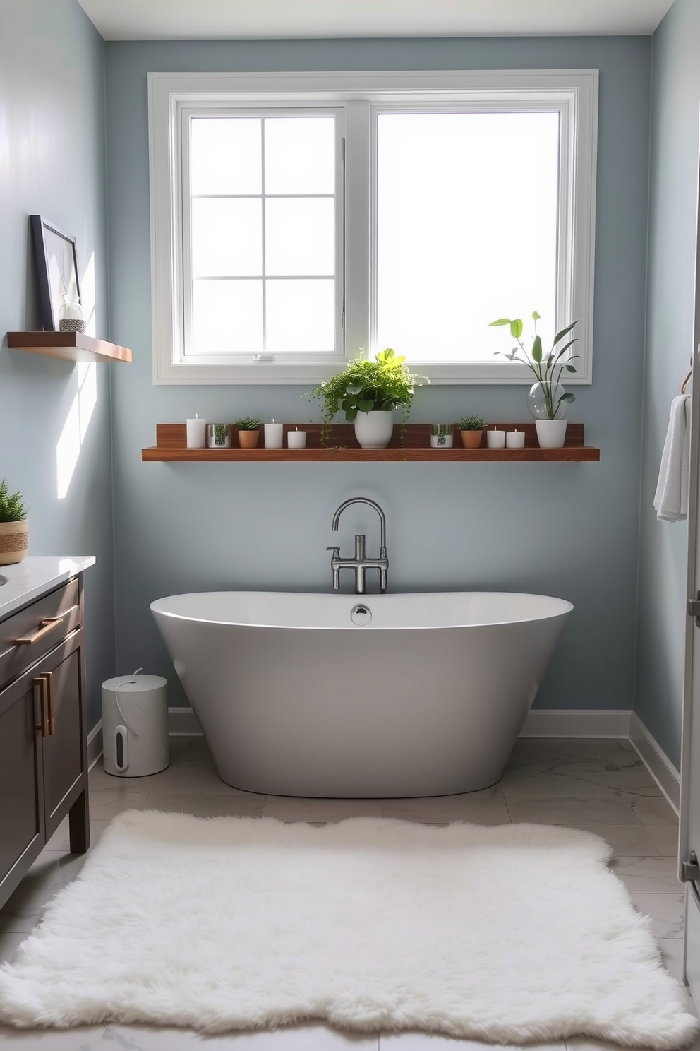 A serene bathroom retreat with walls painted in soft ocean hues. The space features a freestanding soaking tub positioned beneath a large window, allowing natural light to flood in. Complementing the tub, there are stylish wooden shelves adorned with decorative candles and potted plants. A plush white rug lies beneath the vanity, which has a sleek design with a marble top and modern fixtures.