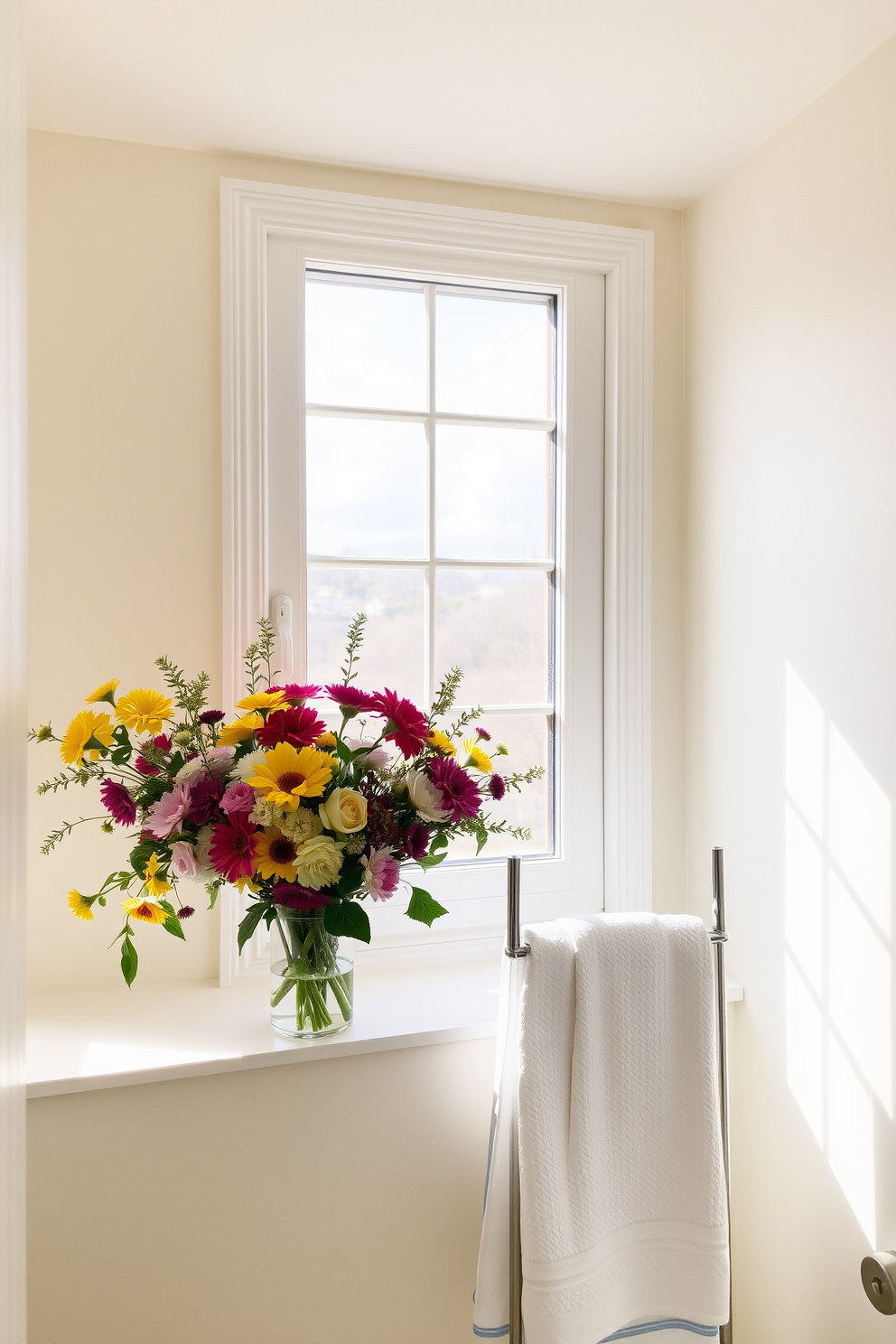 A bright and airy bathroom filled with natural light. A large window allows sunlight to stream in, illuminating a vase overflowing with fresh seasonal flowers on the windowsill. The walls are painted in a soft pastel hue, creating a serene atmosphere. Crisp white towels neatly hang on a stylish rack, complementing the cheerful floral arrangement.