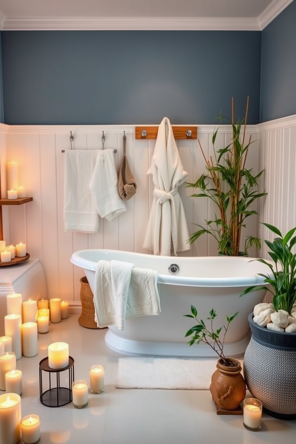 Create a spa-like atmosphere with soft lighting and an abundance of candles placed around the room. The walls are painted in calming shades of blue and white, and natural elements like bamboo and stones are incorporated into the decor. Incorporate plush towels and a cozy bathrobe hanging on a wooden hook. A freestanding tub is the centerpiece, surrounded by potted plants that enhance the serene ambiance.