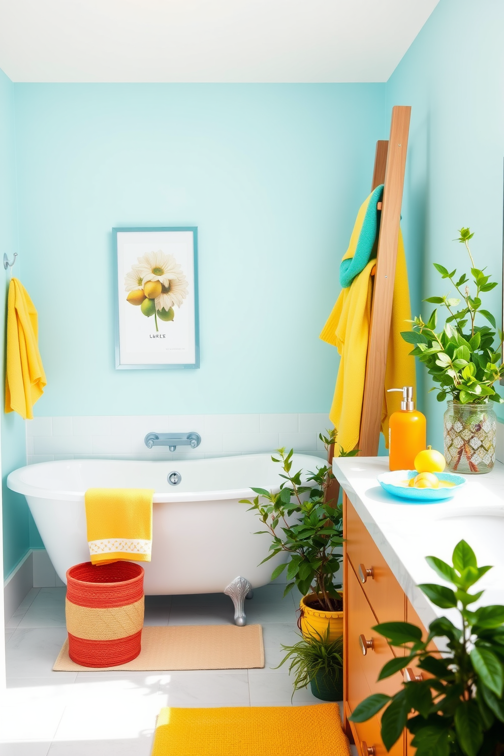 A bright and airy bathroom featuring a sleek white bathtub surrounded by vibrant yellow and turquoise accessories. The walls are painted a soft pastel blue, and colorful towels are neatly arranged on a wooden ladder. The countertop showcases a cheerful arrangement of citrus-themed decor items, including a bright orange soap dispenser and a lemon-patterned dish for toiletries. Potted plants with lush greenery add a refreshing touch, bringing the essence of summer indoors.