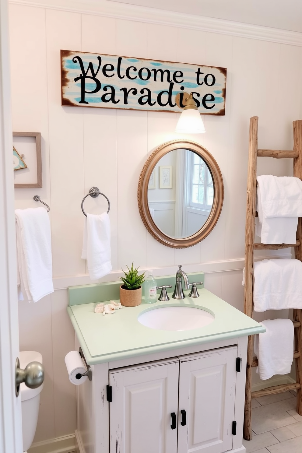 A bright and airy bathroom featuring a vintage beach sign that reads 