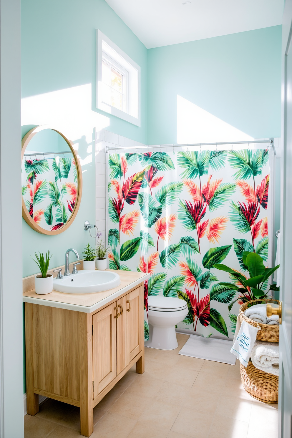 A bright and airy bathroom featuring tropical-themed shower curtains adorned with vibrant palm leaves. The space is complemented by a light wood vanity with a white sink and a large round mirror reflecting the natural light streaming in through a window. The walls are painted in a soft aqua color, enhancing the tropical vibe, while the floor is covered in light beige tiles. Accents of greenery are added with potted plants placed on the vanity and a woven basket holding plush towels nearby.